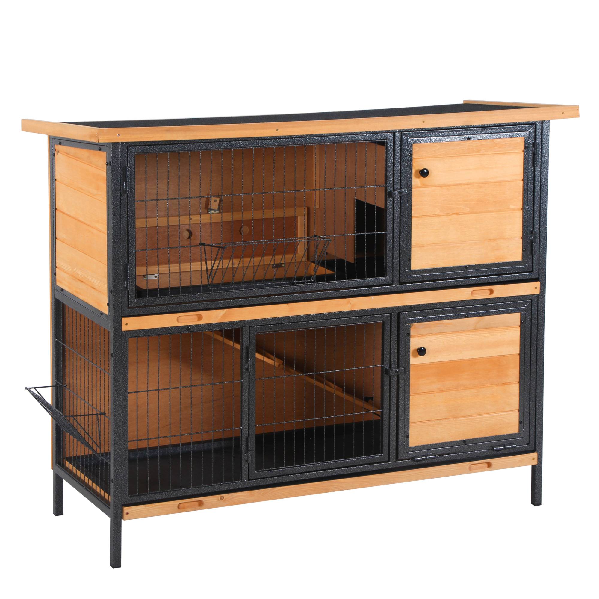 Cage à lapin avec toit en asphalte à charnières, portes à loquet et plateaux amovibles, 122x50x101 cm, naturel et noir. - Image 1
