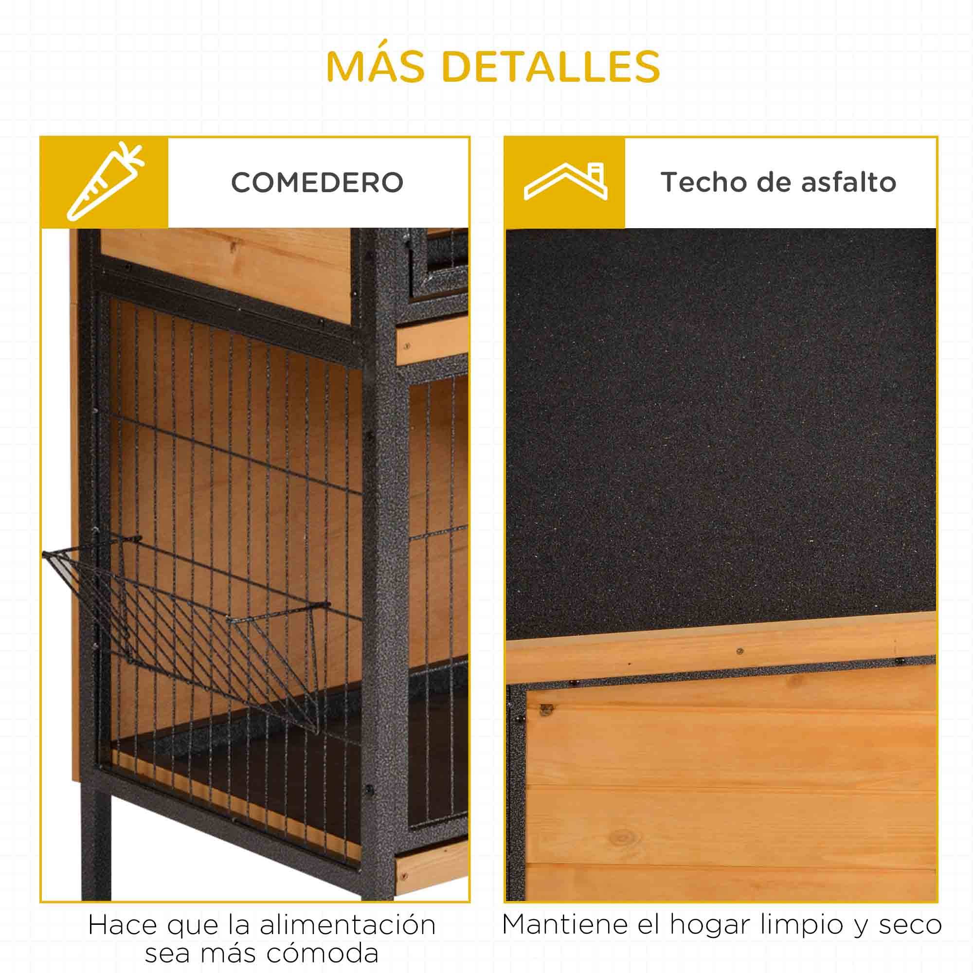 Cage à lapin avec toit en asphalte à charnières, portes à loquet et plateaux amovibles, 122x50x101 cm, naturel et noir. - Image 10