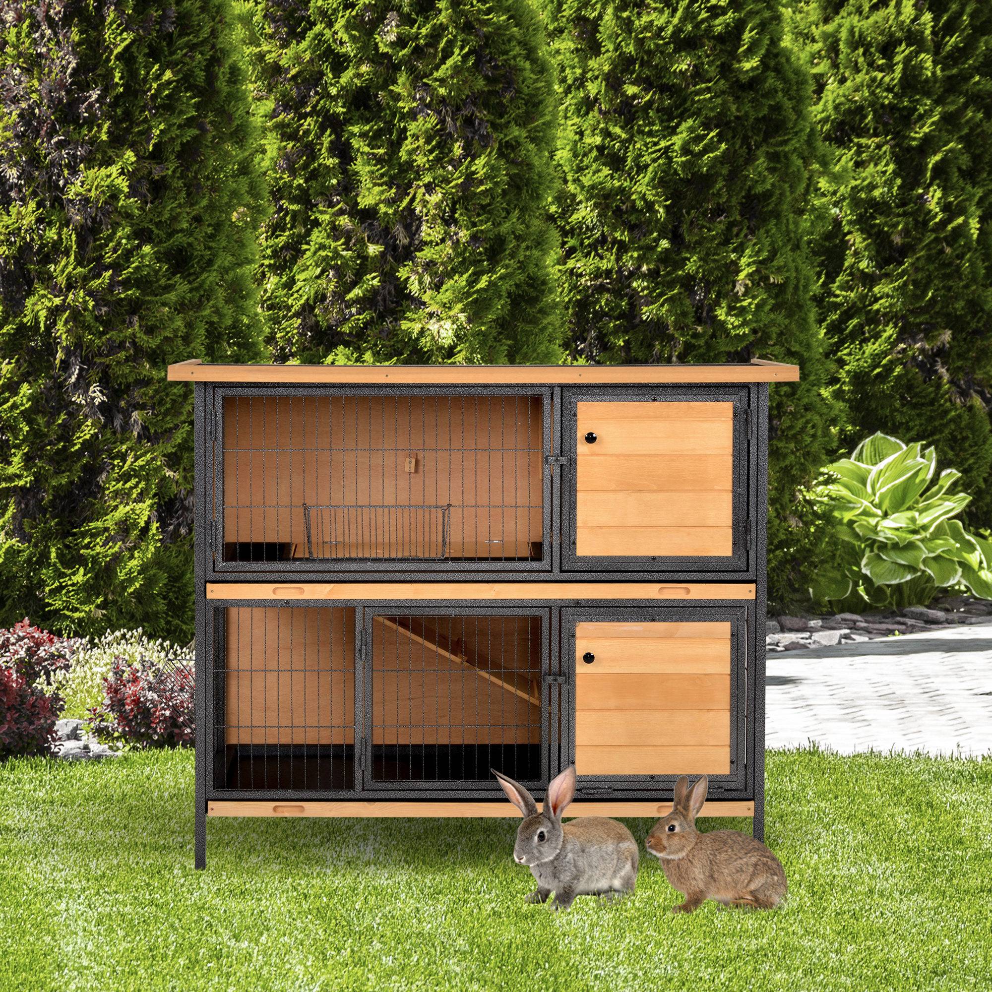 Cage à lapin avec toit en asphalte à charnières, portes à loquet et plateaux amovibles, 122x50x101 cm, naturel et noir. - Image 4