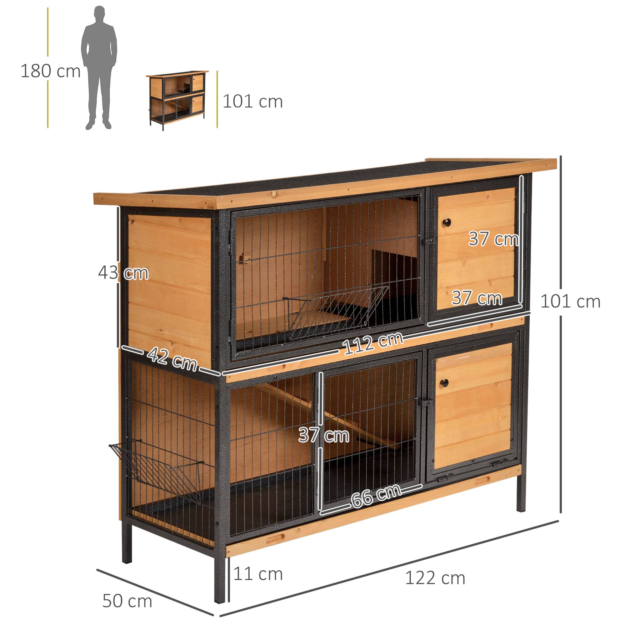 Cage à lapin avec toit en asphalte à charnières, portes à loquet et plateaux amovibles, 122x50x101 cm, naturel et noir. - Image 5