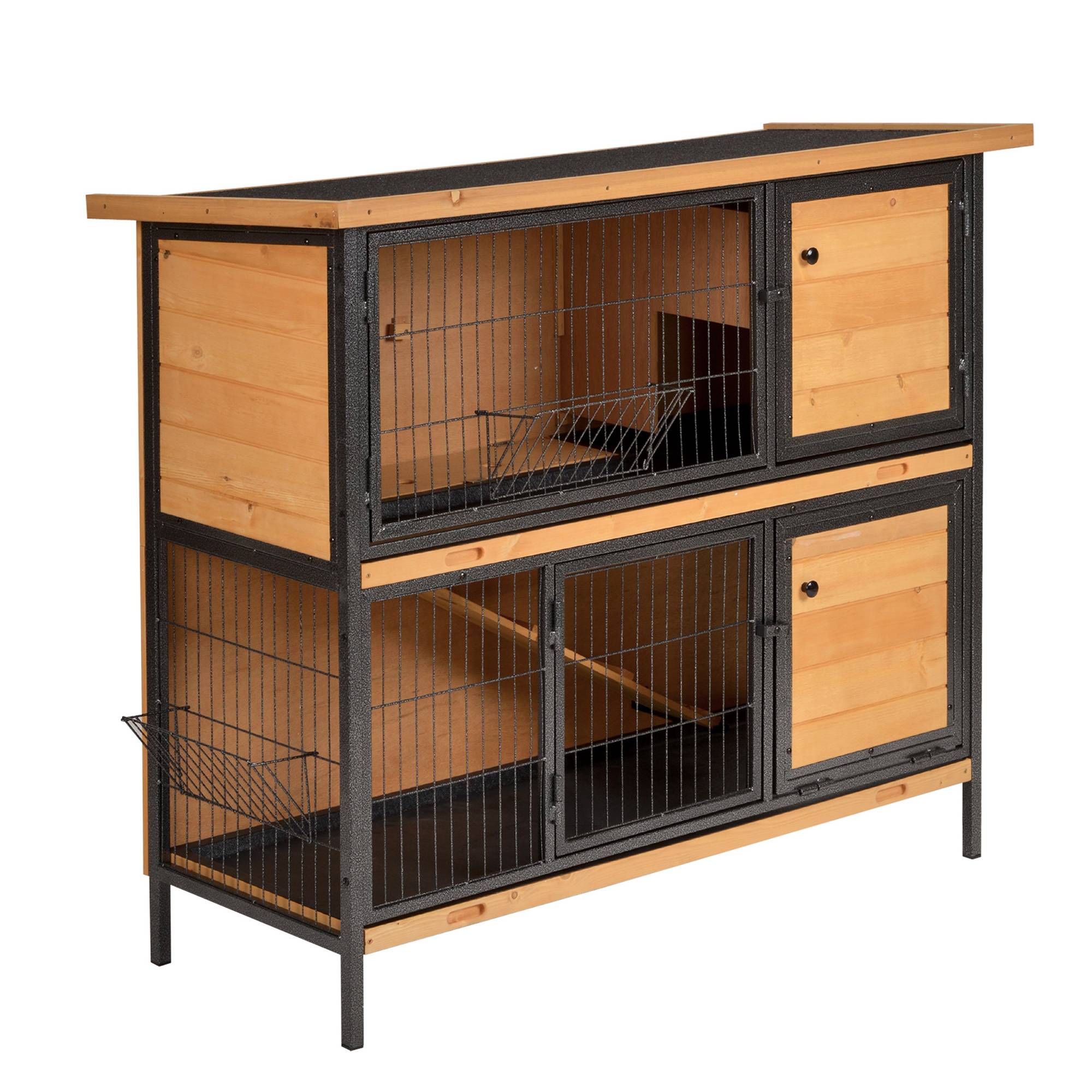 Cage à lapin avec toit en asphalte à charnières, portes à loquet et plateaux amovibles, 122x50x101 cm, naturel et noir. - Image 2