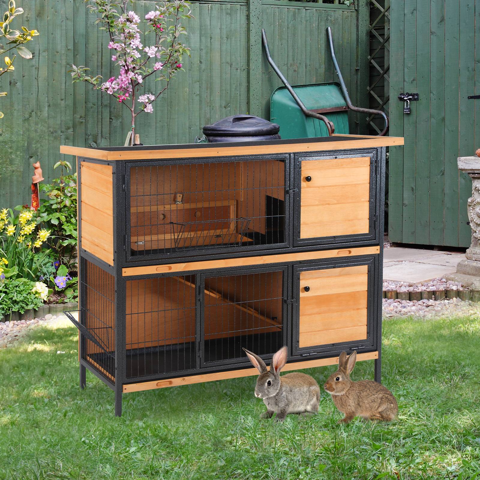 Cage à lapin avec toit en asphalte à charnières, portes à loquet et plateaux amovibles, 122x50x101 cm, naturel et noir. - Image 3