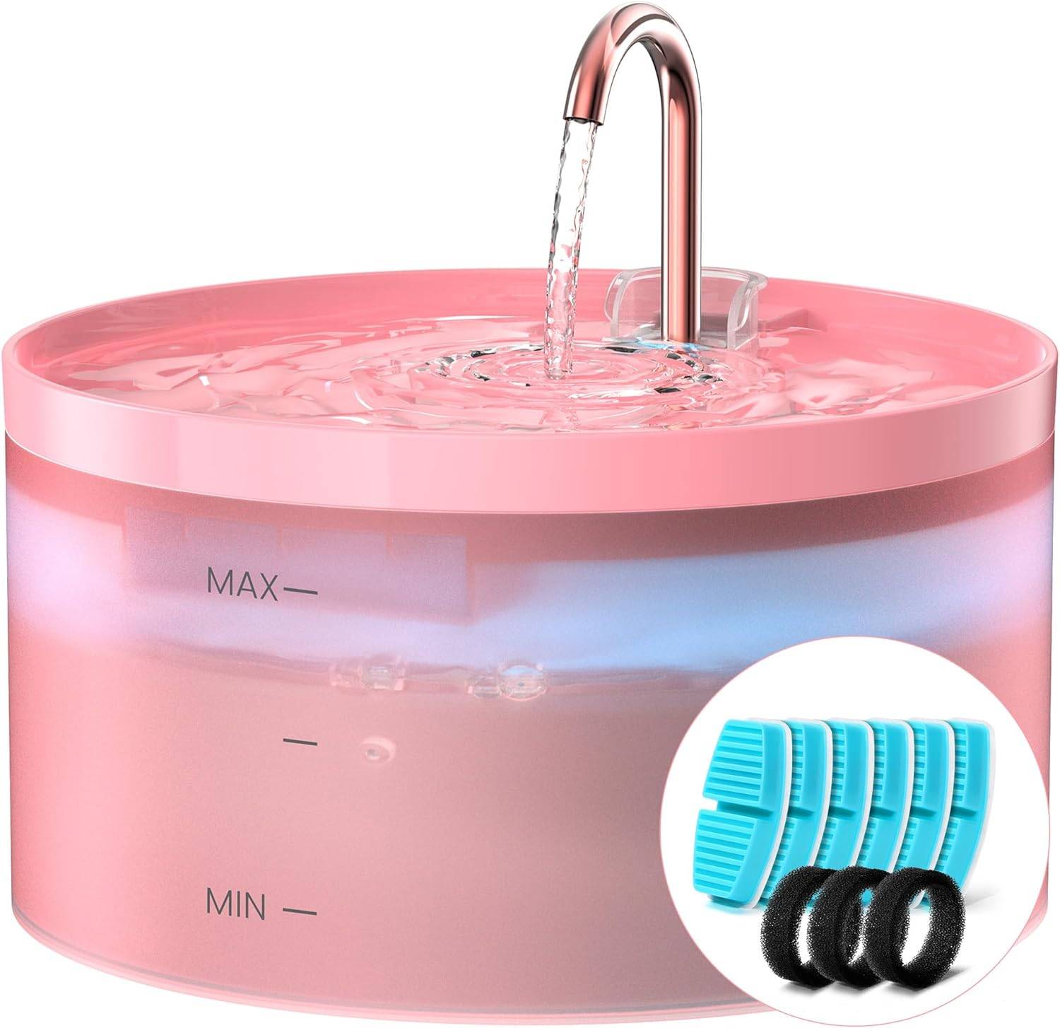 Fontaine à Eau de 3,2L pour Chat rose, 6 Pièces Filtre à Charbon + 3 Pièces Éponges