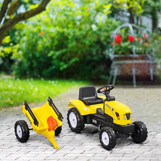 Porteur tracteur enfants avec remorque, râteau et pelle, tracteur à pédales 6 roues, charge 35 kg, pour 3+ ans - Image 4