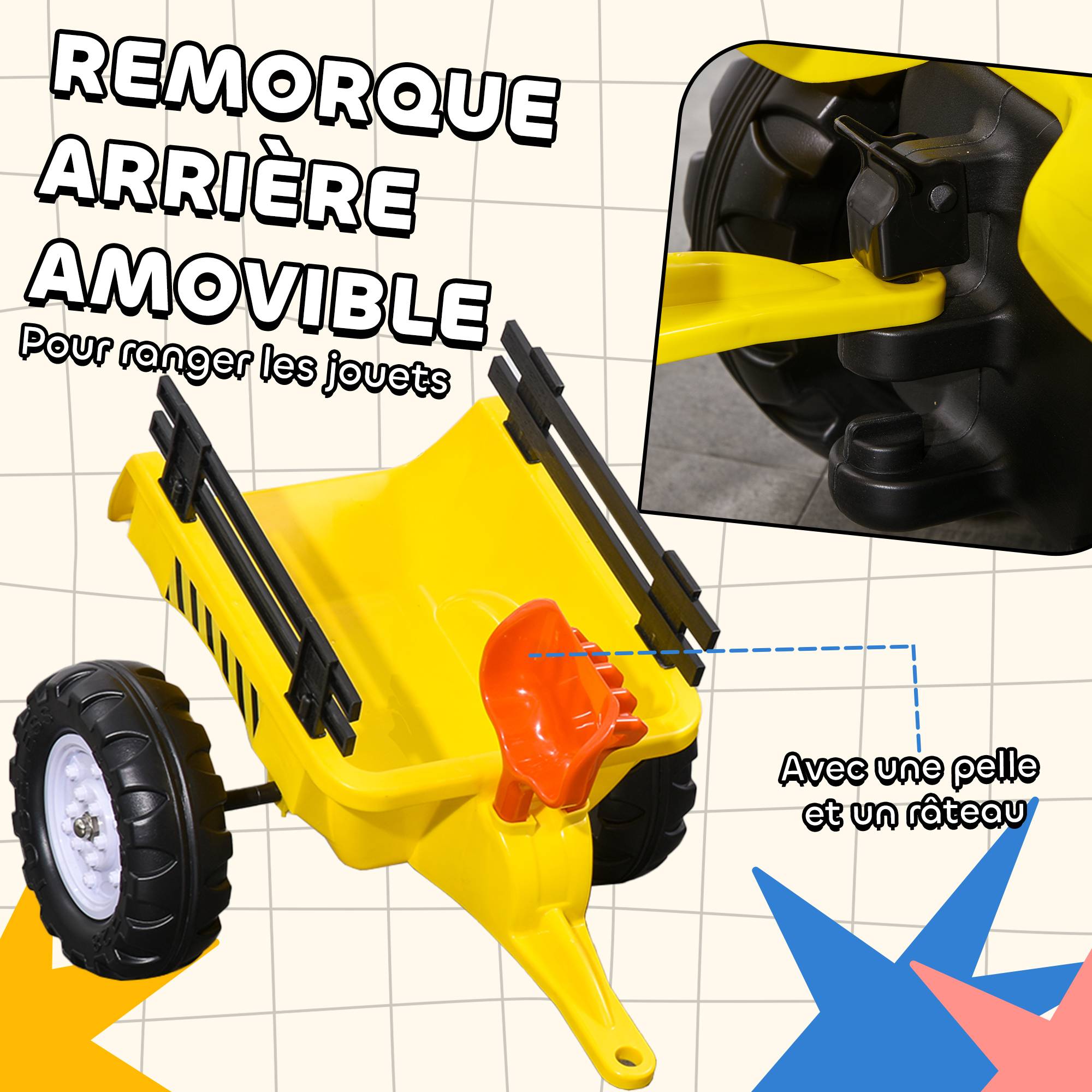 Porteur tracteur enfants avec remorque, râteau et pelle, tracteur à pédales 6 roues, charge 35 kg, pour 3+ ans - Image 7