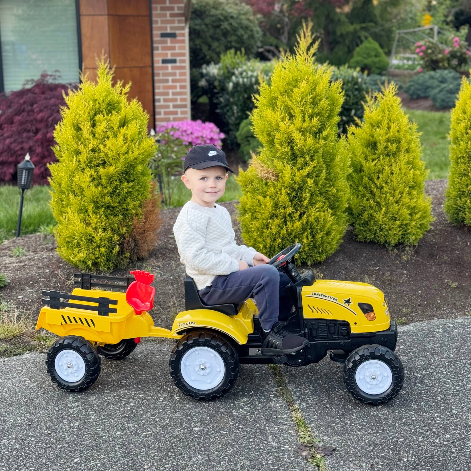 Porteur tracteur enfants avec remorque, râteau et pelle, tracteur à pédales 6 roues, charge 35 kg, pour 3+ ans - Image 10