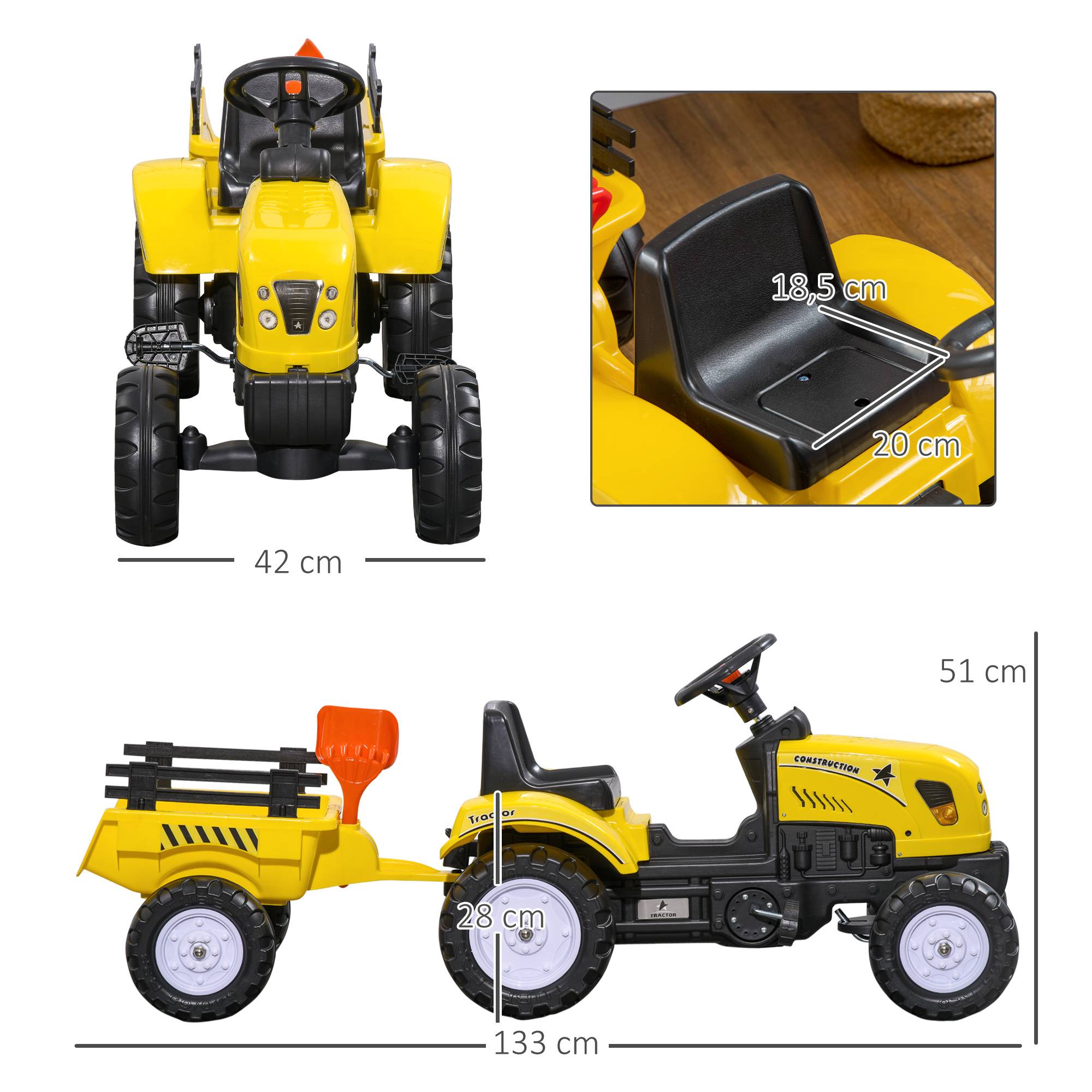 Porteur tracteur enfants avec remorque, râteau et pelle, tracteur à pédales 6 roues, charge 35 kg, pour 3+ ans - Image 5