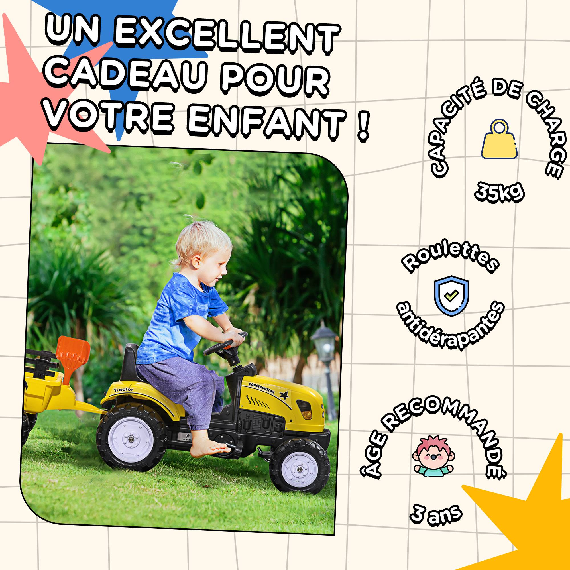 Porteur tracteur enfants avec remorque, râteau et pelle, tracteur à pédales 6 roues, charge 35 kg, pour 3+ ans - Image 9