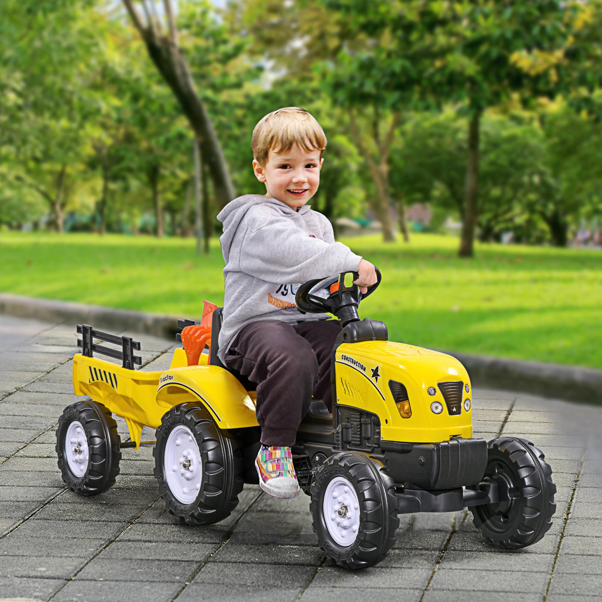 Porteur tracteur enfants avec remorque, râteau et pelle, tracteur à pédales 6 roues, charge 35 kg, pour 3+ ans - Image 3