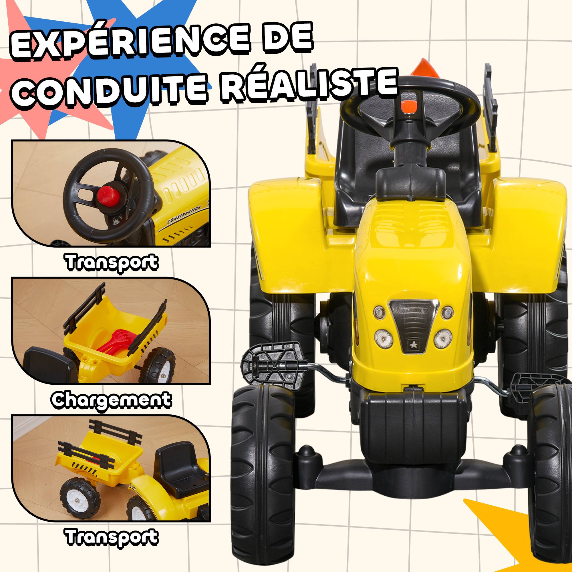 Porteur tracteur enfants avec remorque, râteau et pelle, tracteur à pédales 6 roues, charge 35 kg, pour 3+ ans - Image 6
