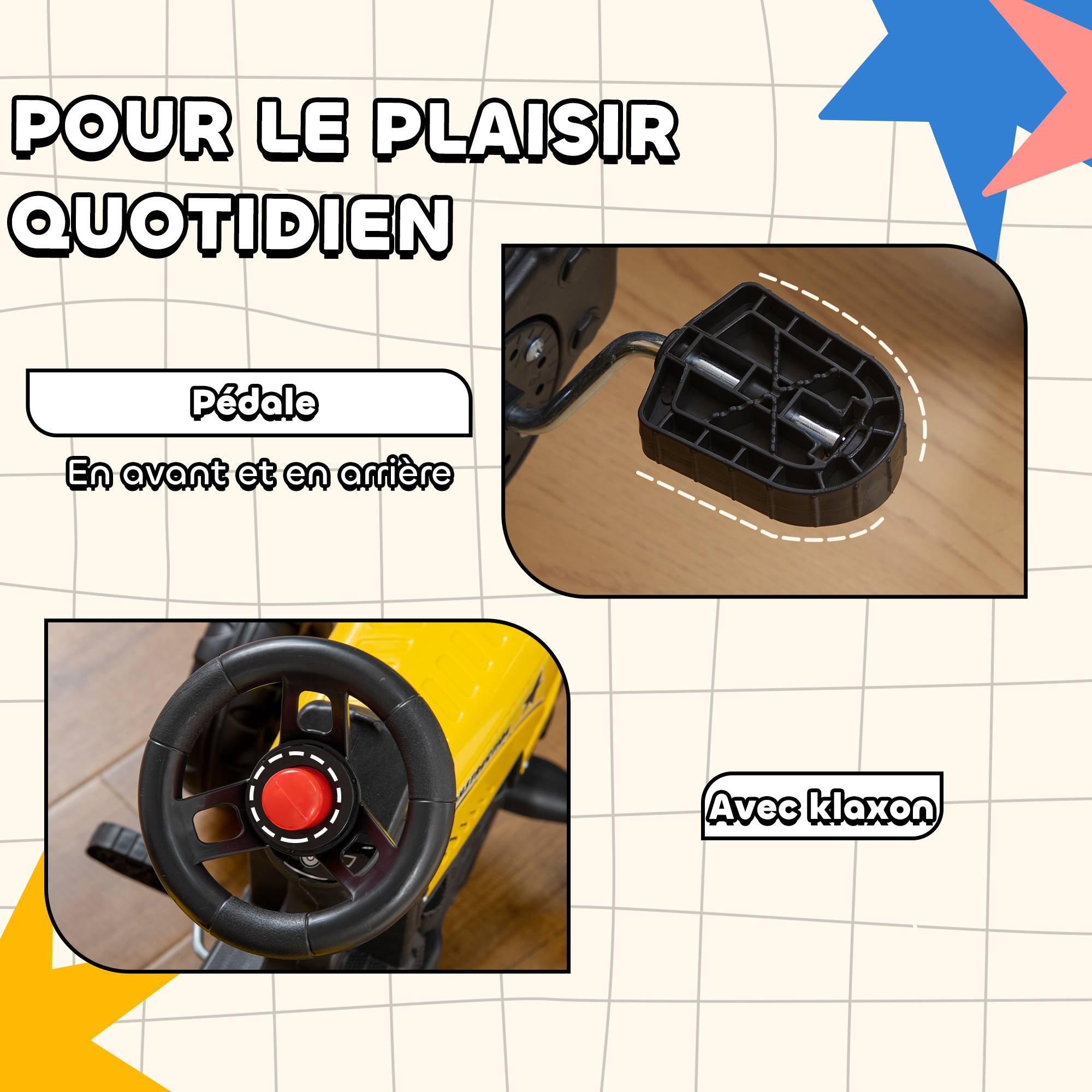 Porteur tracteur enfants avec remorque, râteau et pelle, tracteur à pédales 6 roues, charge 35 kg, pour 3+ ans - Image 8