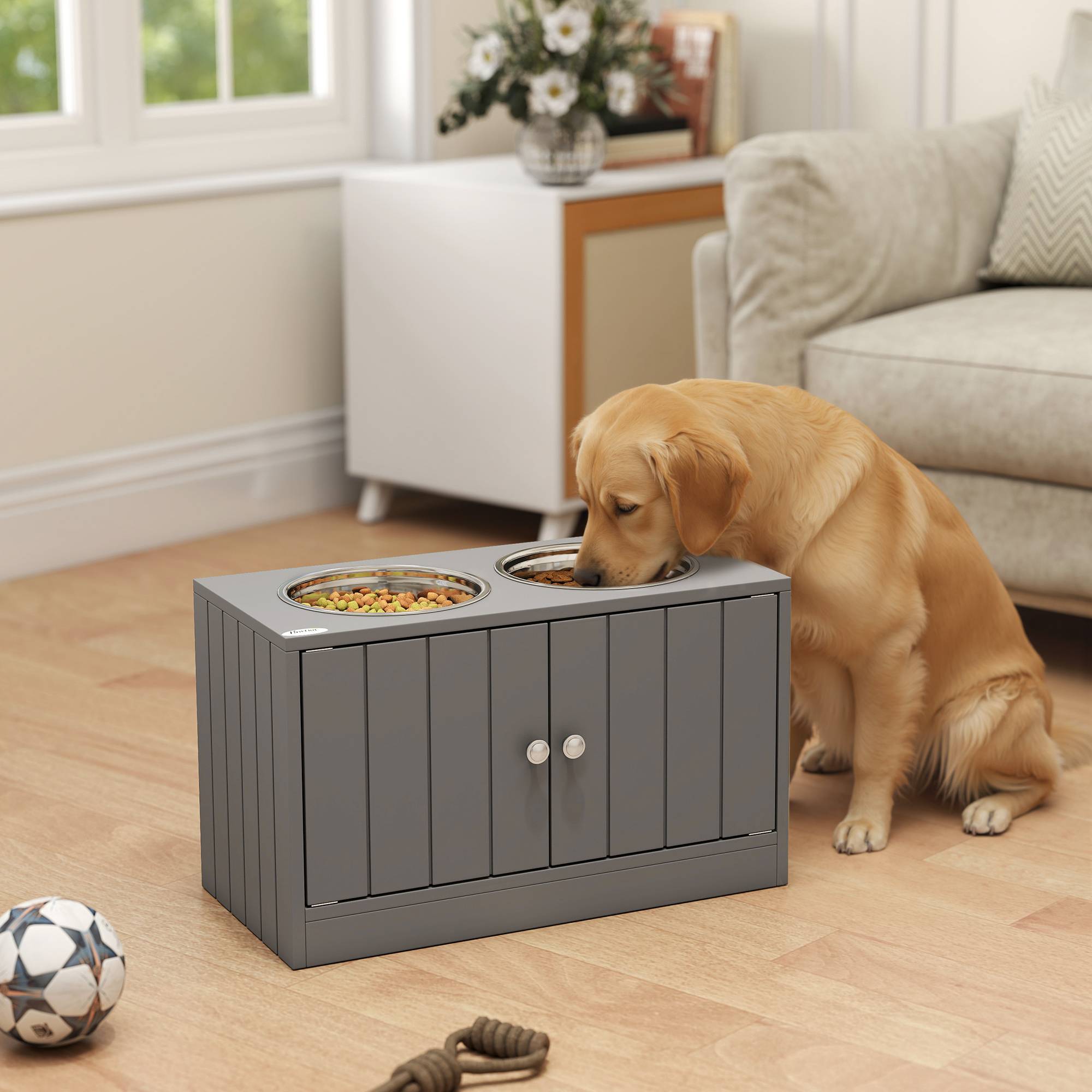 Gamelle surélevée pour grands chiens avec 2 gamelles de 2000 ml et rangement dissimulé, 60 x 30 x 35,5 cm, grise - Image 3