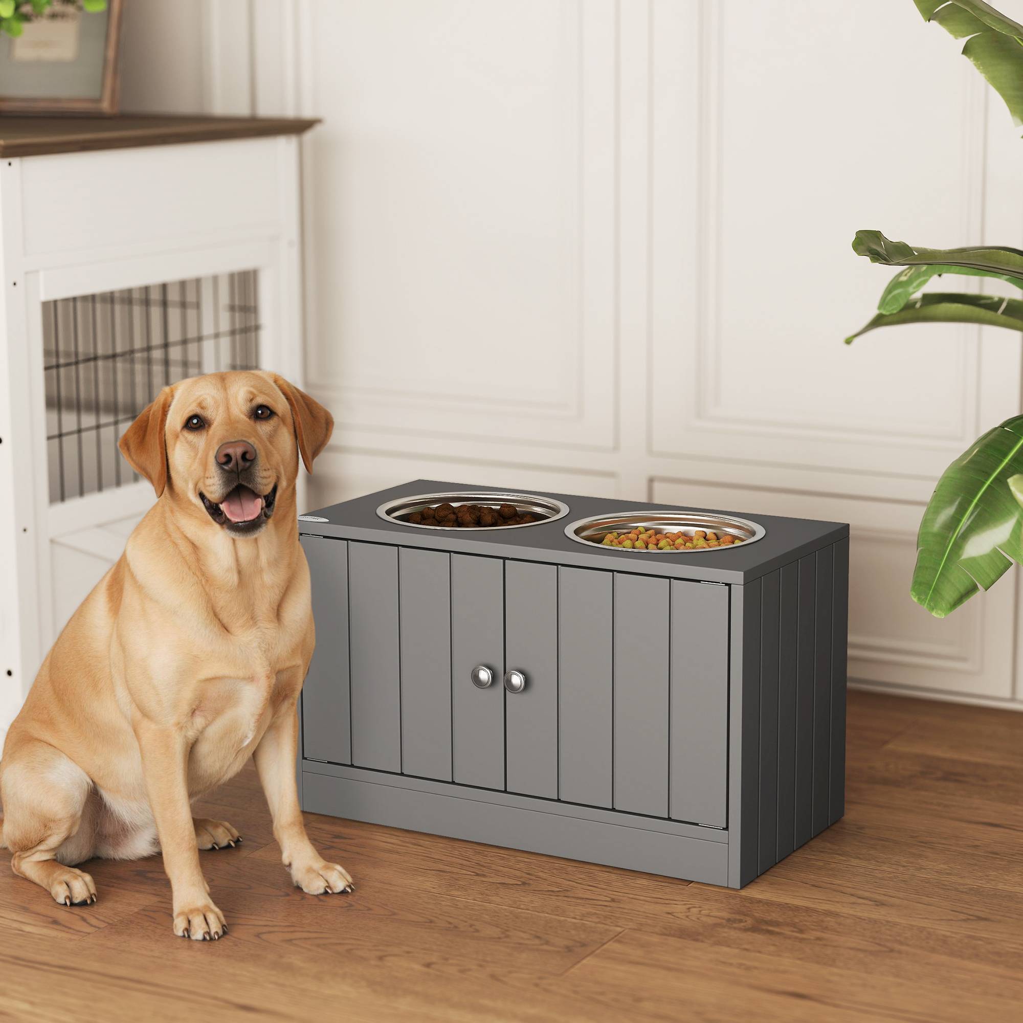 Gamelle surélevée pour grands chiens avec 2 gamelles de 2000 ml et rangement dissimulé, 60 x 30 x 35,5 cm, grise - Image 4