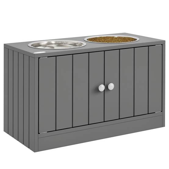 Gamelle surélevée pour grands chiens avec 2 gamelles de 2000 ml et rangement dissimulé, 60 x 30 x 35,5 cm, grise - Image 1