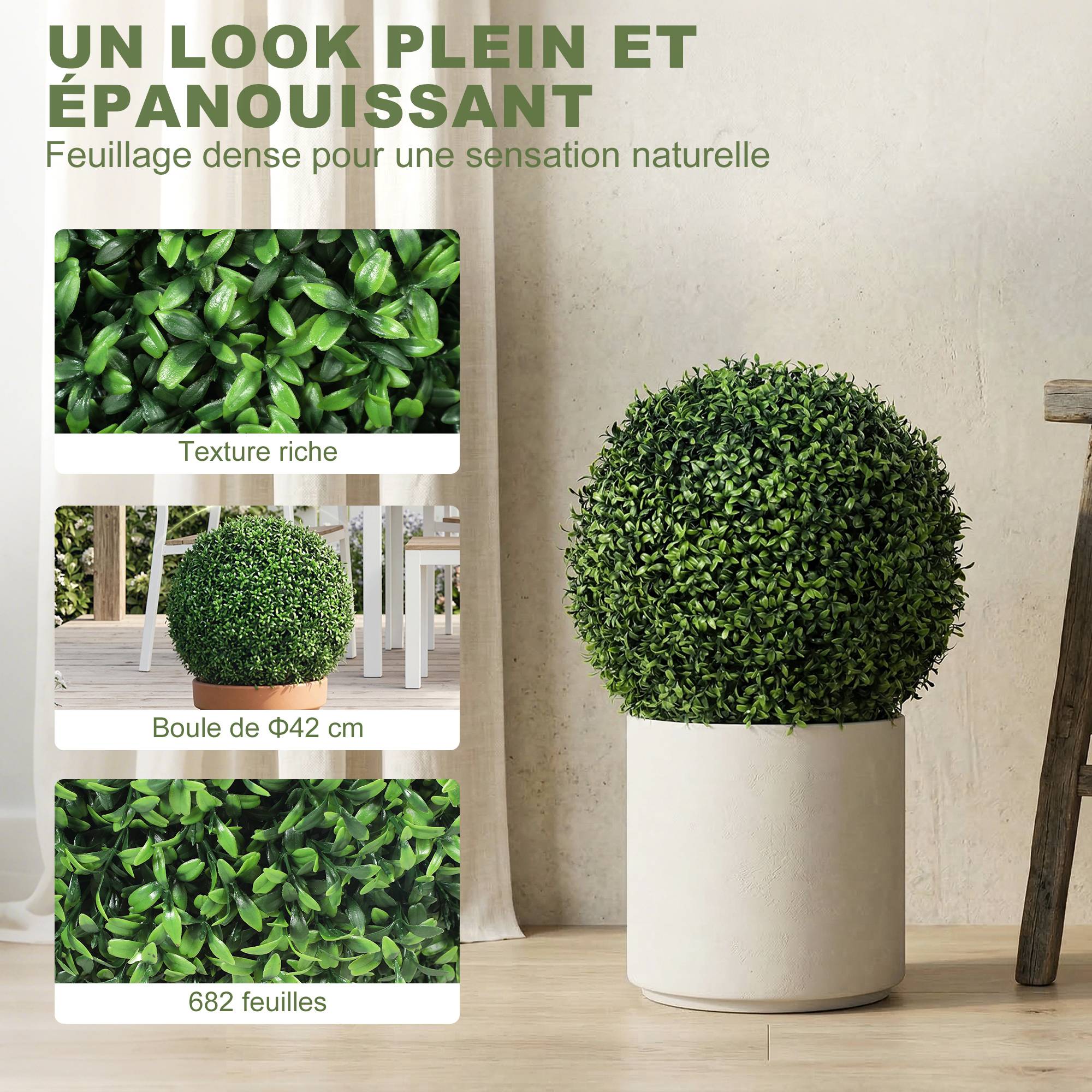 Lot de 2 boules de buis artificielles en pot, résistantes aux UV, 42 cm, pour décoration intérieure/extérieure - Image 8