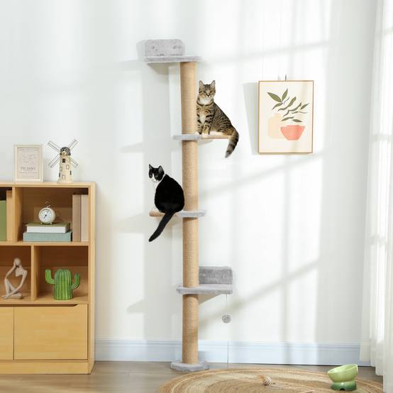 Arbre à chat mural à 5 niveaux, griffoir étroit avec balle et poteaux à griffer, 48 x 21 x 180 cm, gris clair - Image 4