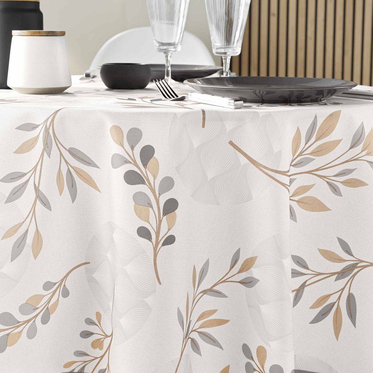 Paris Prix - Nappe Ronde Antitache Imprimé "Manola" 180cm Naturel - Image 2
