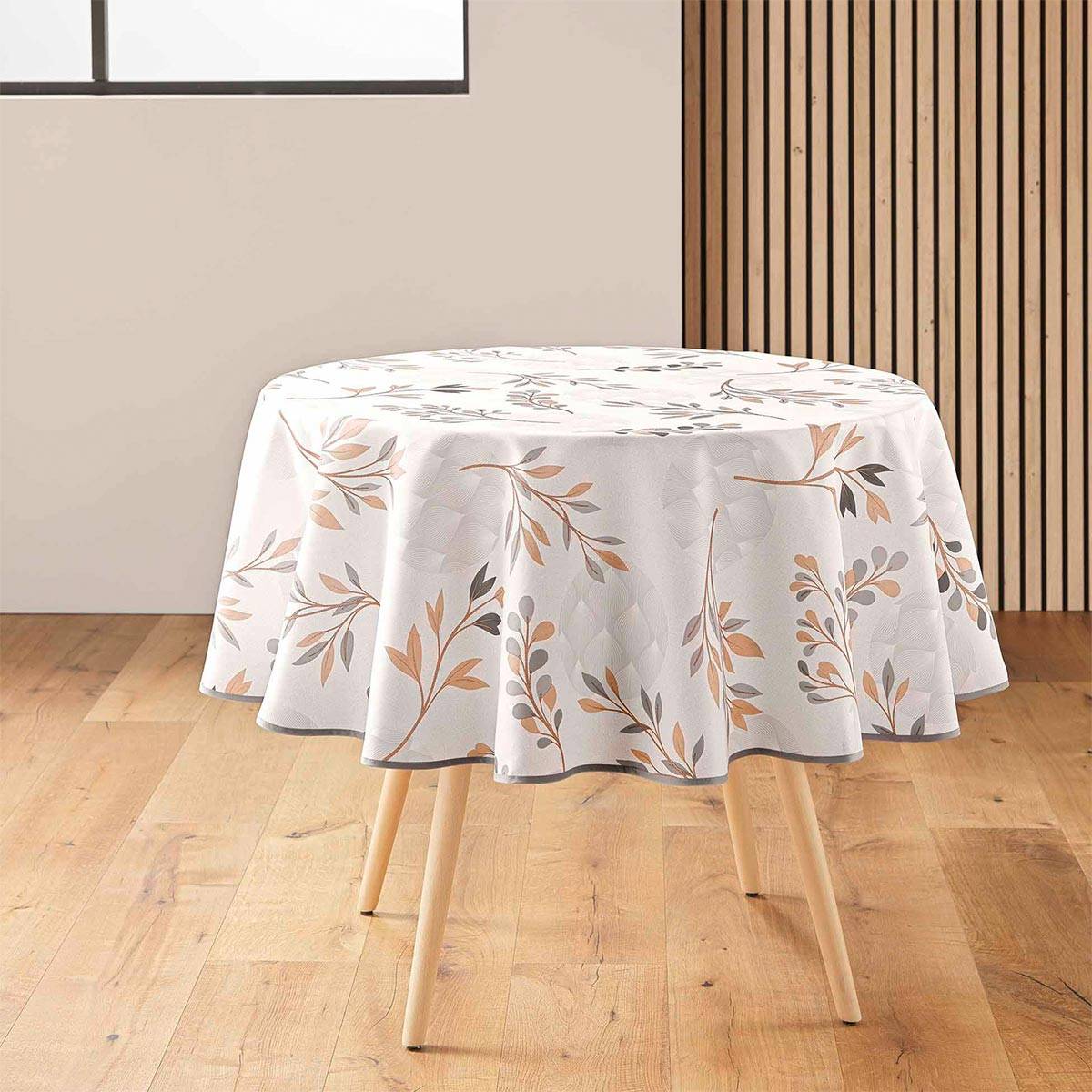 Paris Prix - Nappe Ronde Antitache Imprimé "Manola" 180cm Naturel - Image 1