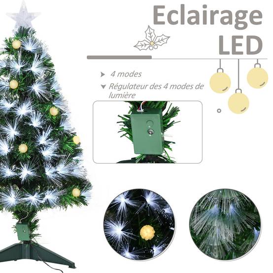Sapin de Noël Artificiel Lumineux 90H cm Fibre Optique LED + 14 Ampoules + Support Pied 90 Branches étoile Sommet Brillante Vert - Image 8