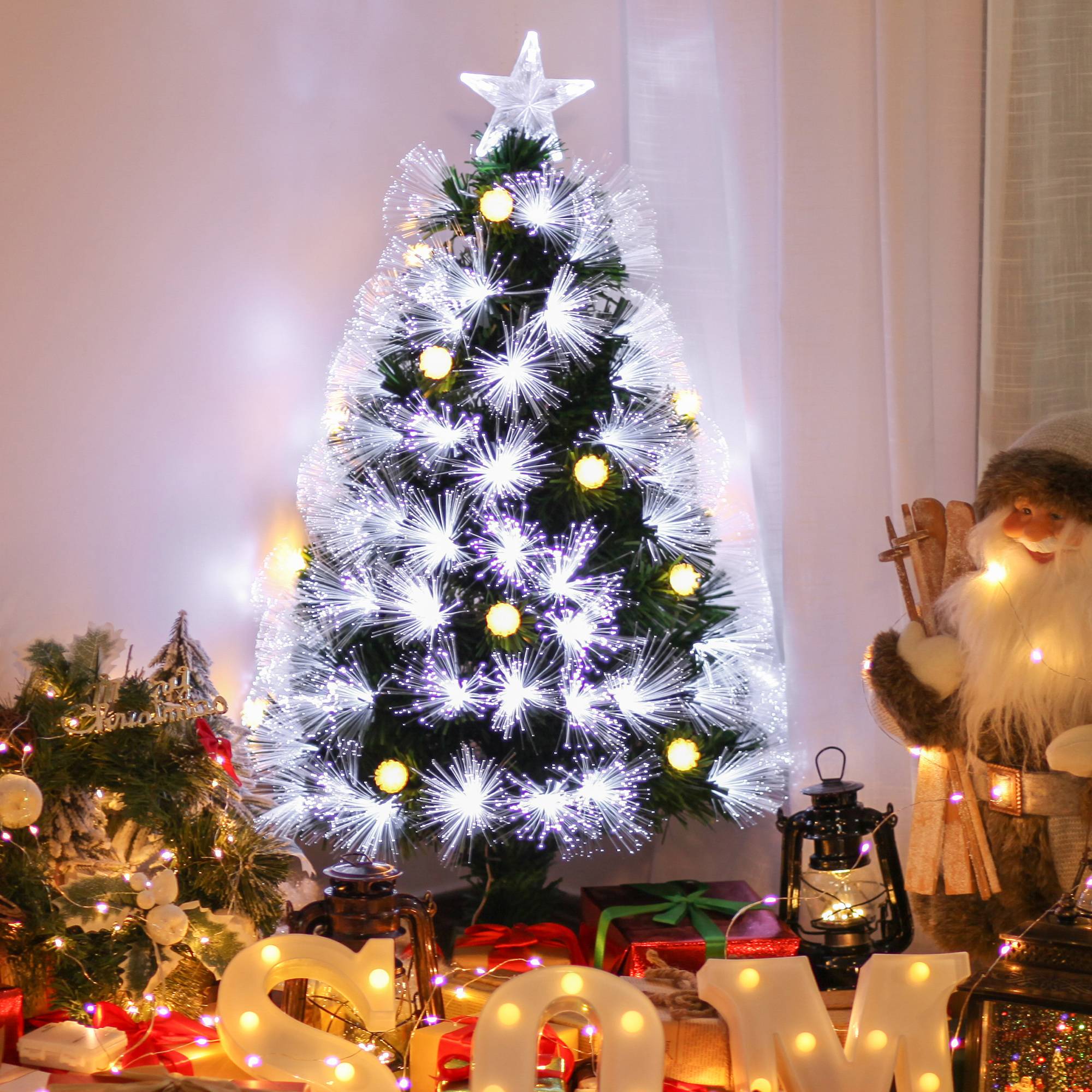 Sapin de Noël Artificiel Lumineux 90H cm Fibre Optique LED + 14 Ampoules + Support Pied 90 Branches étoile Sommet Brillante Vert - Image 3