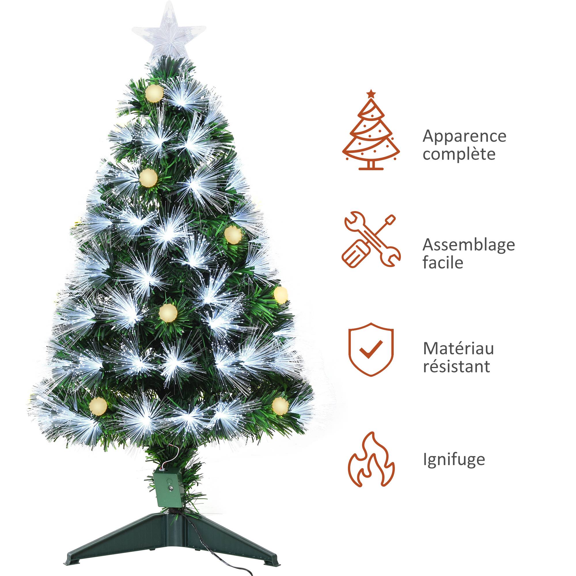 Sapin de Noël Artificiel Lumineux 90H cm Fibre Optique LED + 14 Ampoules + Support Pied 90 Branches étoile Sommet Brillante Vert - Image 6