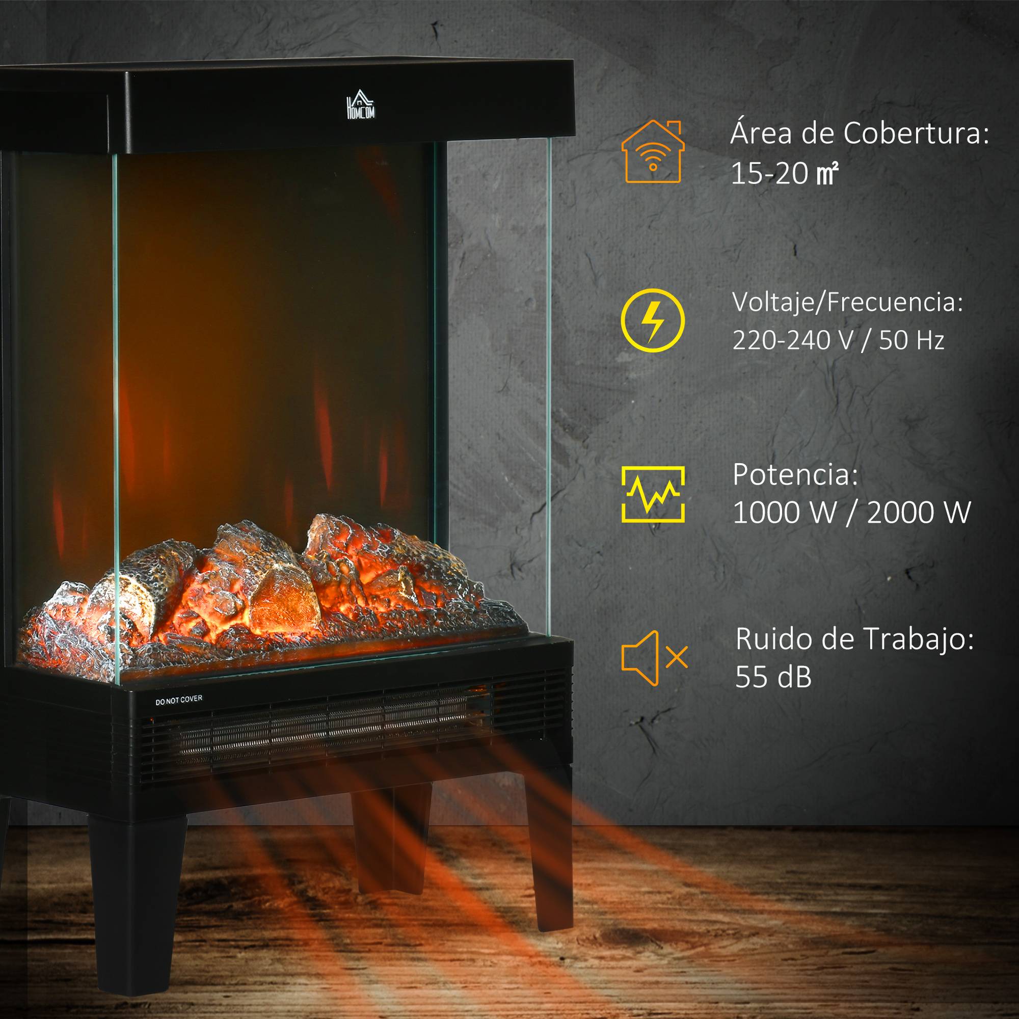 Cheminée électrique 1000W/2000W chauffage cheminée flamme LED réglable jusqu'à 15-20 m² 40,5x20x62 cm noir - Image 8