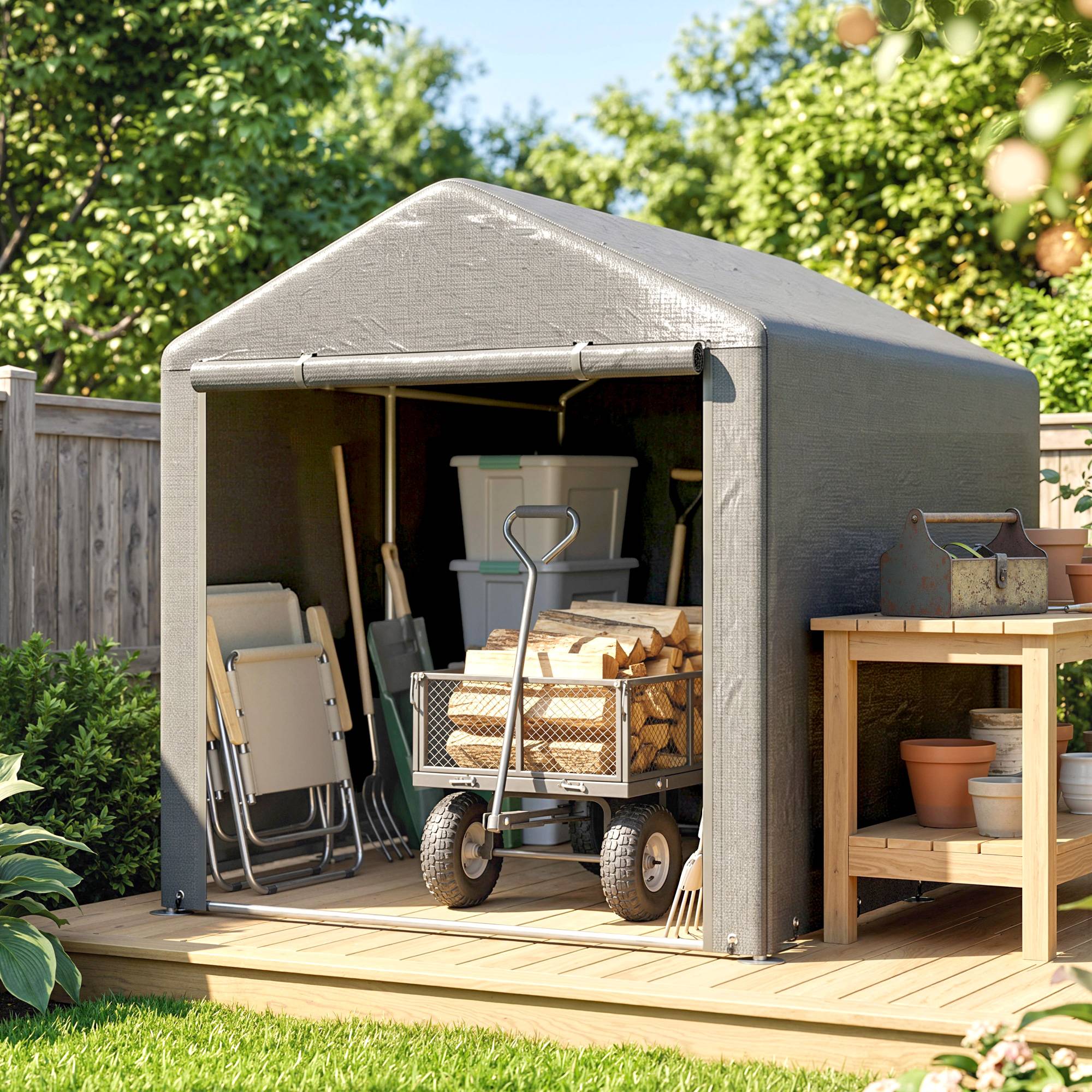 Sans Marque - Abri jardin vélos 1,6x2,2x1,7 m 2 compartiments porte zip imperméable anti-UV gris clair - Image 3
