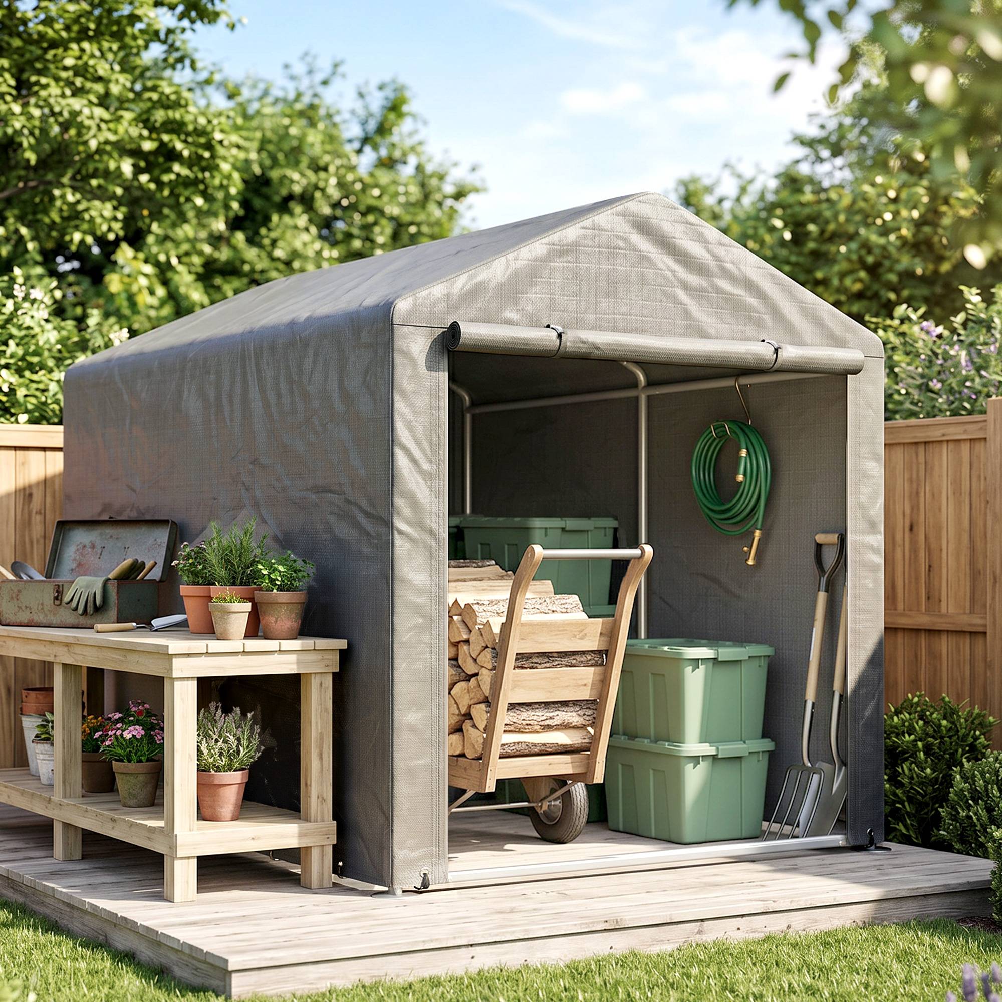Sans Marque - Abri jardin vélos 1,6x2,2x1,7 m 2 compartiments porte zip imperméable anti-UV gris clair - Image 4