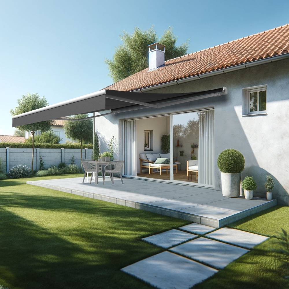 Store banne monobloc ESPAI 5,00x3,50m (Motorisé à télécommande + manœuvre de secours - Gris Graphite - Blanc) - Alia Productions - Imagen 1