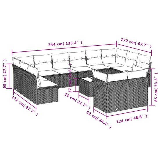Mobilier de jardin sectionnel 12 personnes résine tressée et table basse pour patio Noir et Crème – ComfortXL Outdoor Living - Image 3