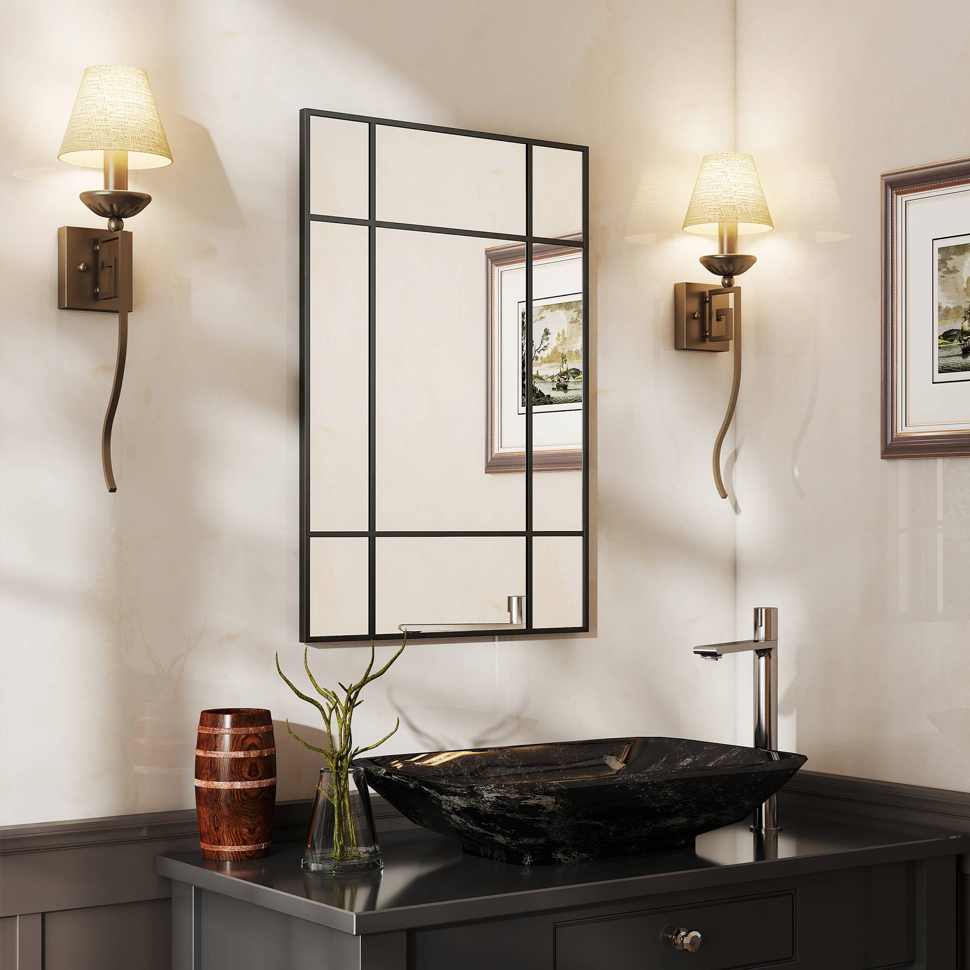 Sans Marque - Miroir mural rectangulaire 90x60 cm cadre métal miroir décoratif salon chambre noir - Image 3