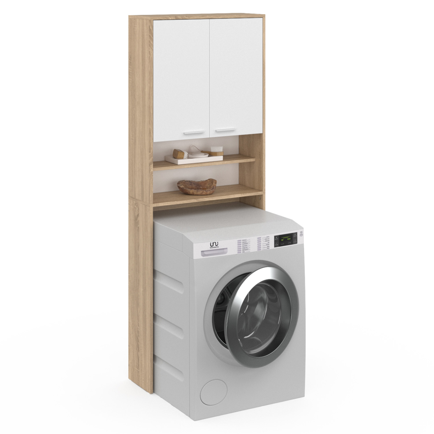 Meuble étagères de rangement dessus machine à laver et WC WALLIS blanc et hêtre - Image 2