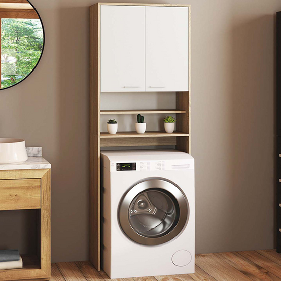 Meuble étagères de rangement dessus machine à laver et WC WALLIS blanc et hêtre - Image 1