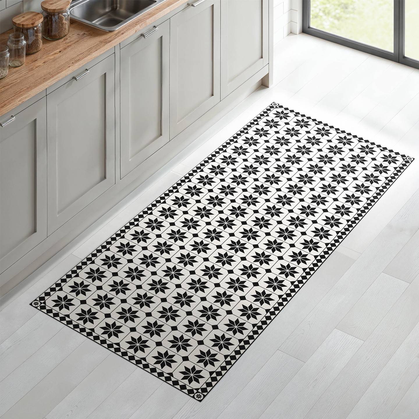 IDMARKET - Tapis en vinyle effet mosaïque noir et blanc 66 x 160 cm - Image 1