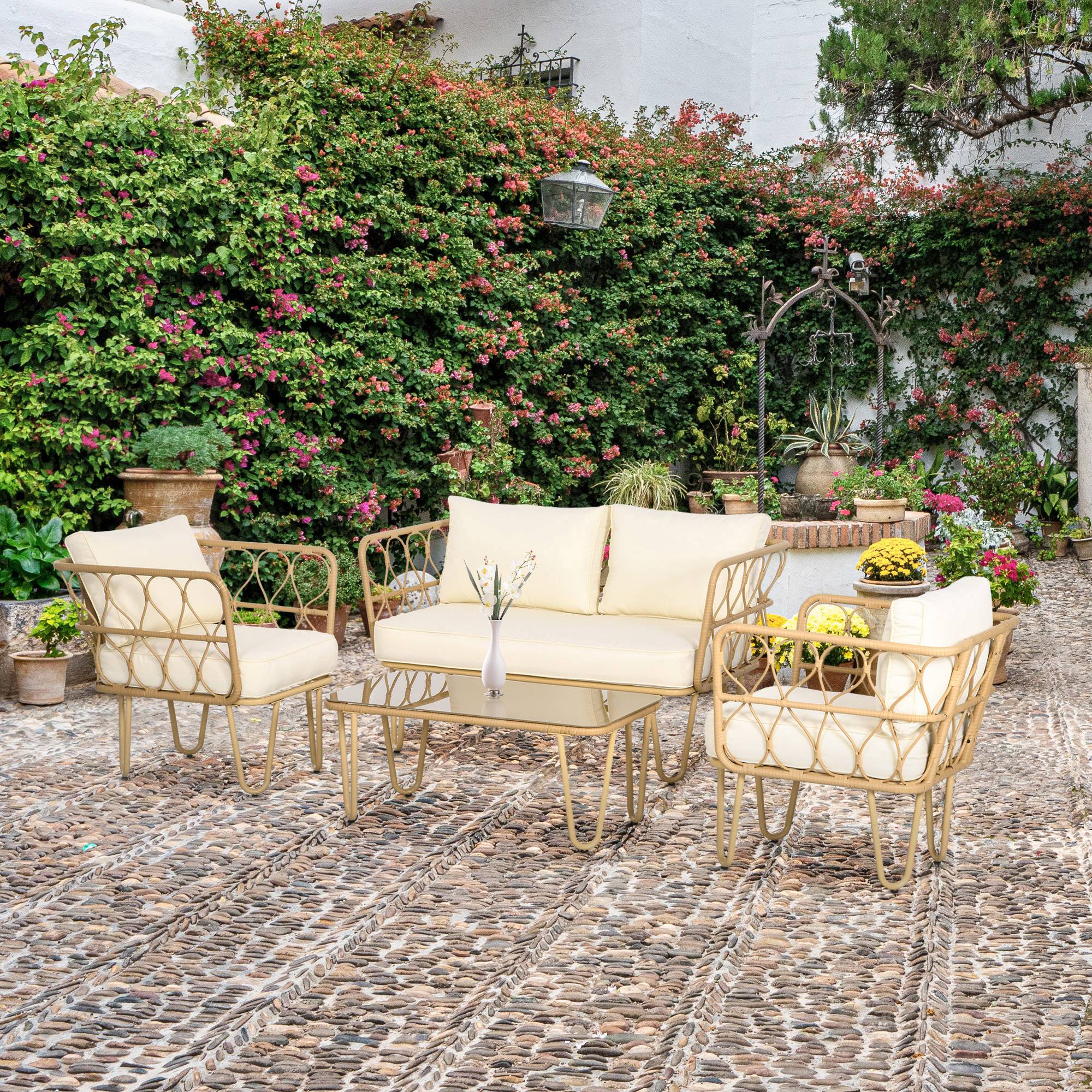 ComfortXL - Salon de jardin 4 places résine tressée terrasse détente coussins inclus kaki - ComfortXL Outdoor Living - Image 3