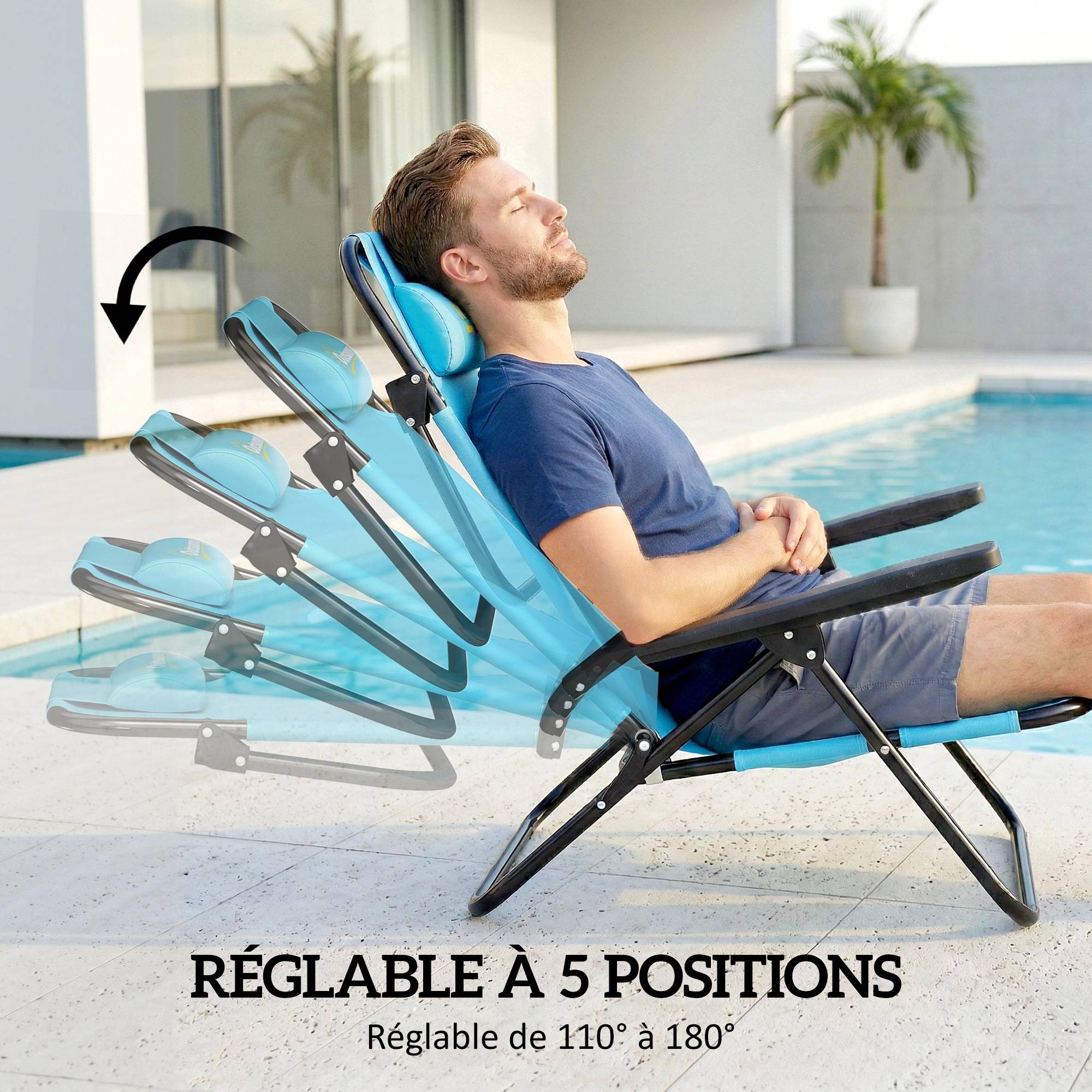 Lot de 2 chaises de plage pliantes acier et polyester bleu clair 75 x 63 x 80 cm - PANGIVO - Image 7