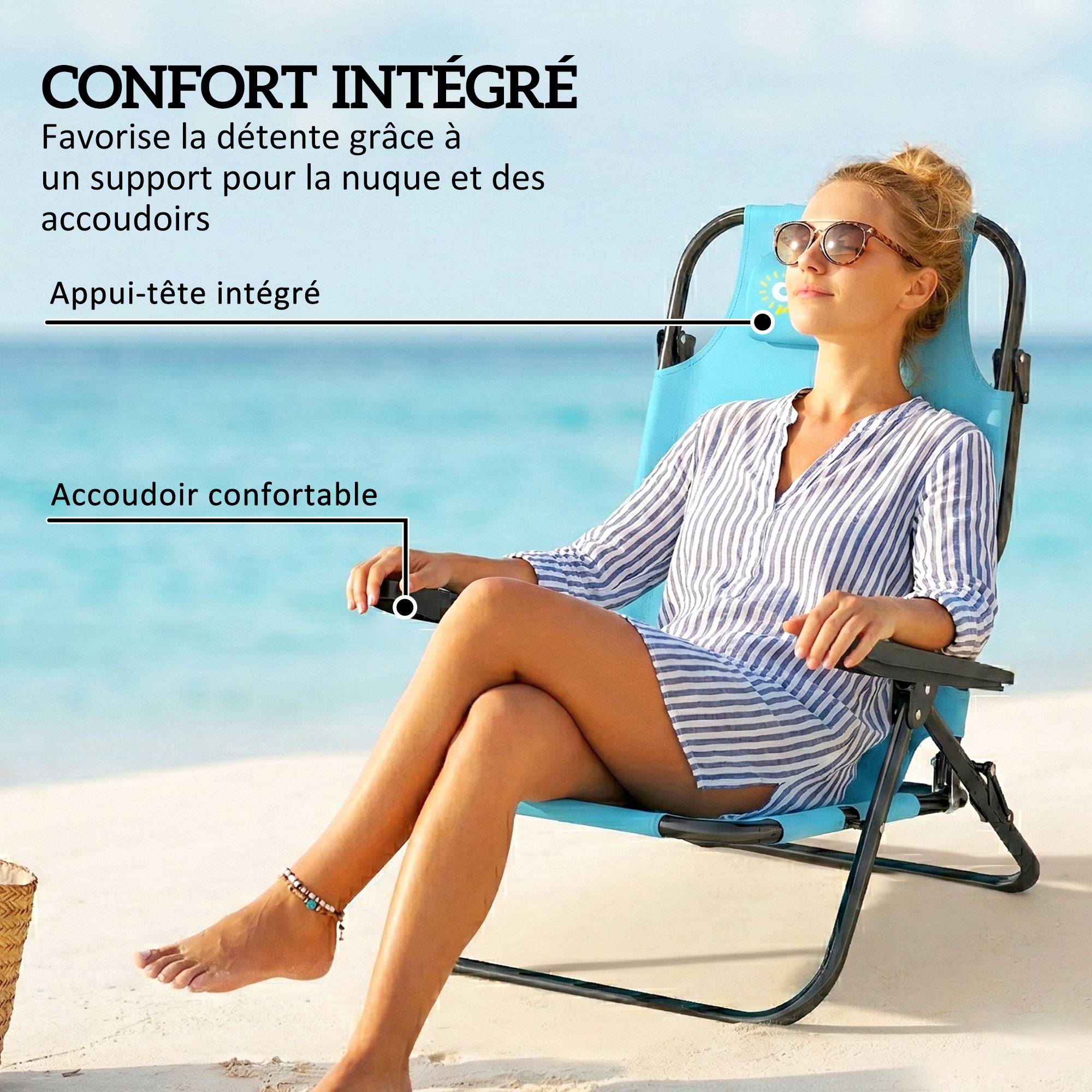 Lot de 2 chaises de plage pliantes acier et polyester bleu clair 75 x 63 x 80 cm - PANGIVO - Image 8