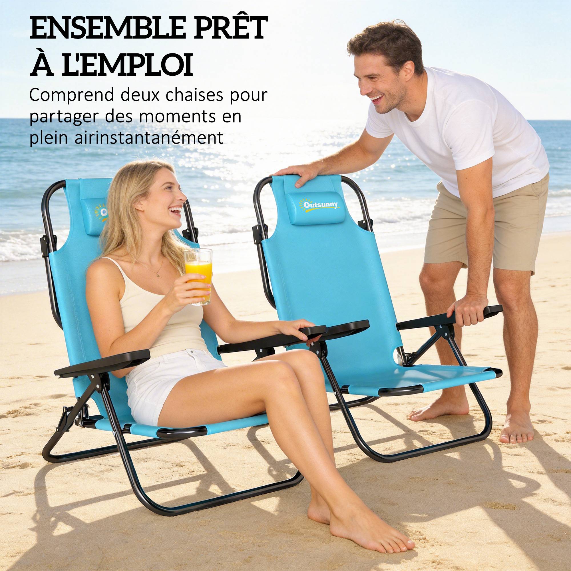 Lot de 2 chaises de plage pliantes acier et polyester bleu clair 75 x 63 x 80 cm - PANGIVO - Image 6