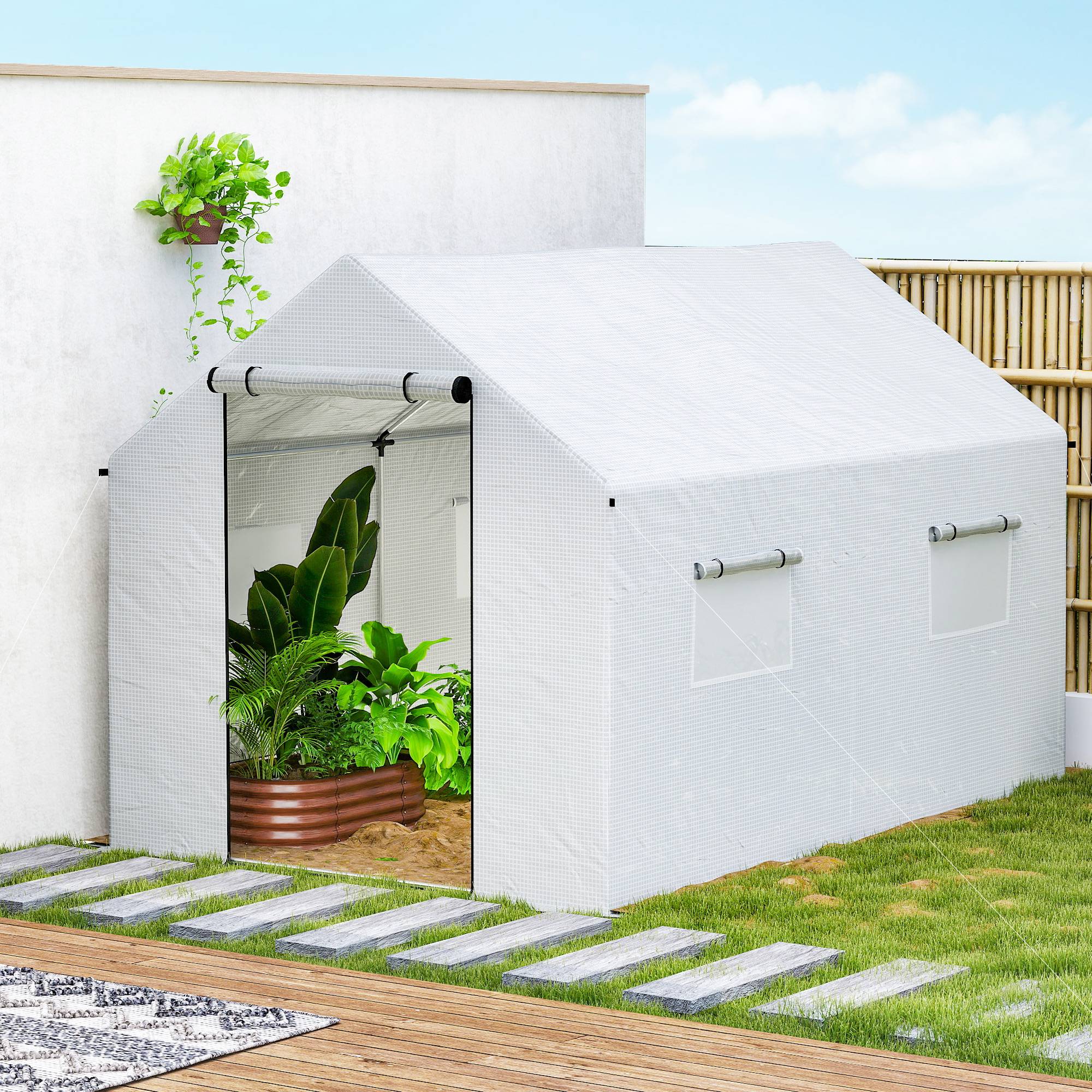 ComfortXL - Serre tunnel acier galvanisé 3 x 2 x 2 m blanche pour jardin avec 4 fenêtres moustiquaires et porte roulante - Image 9