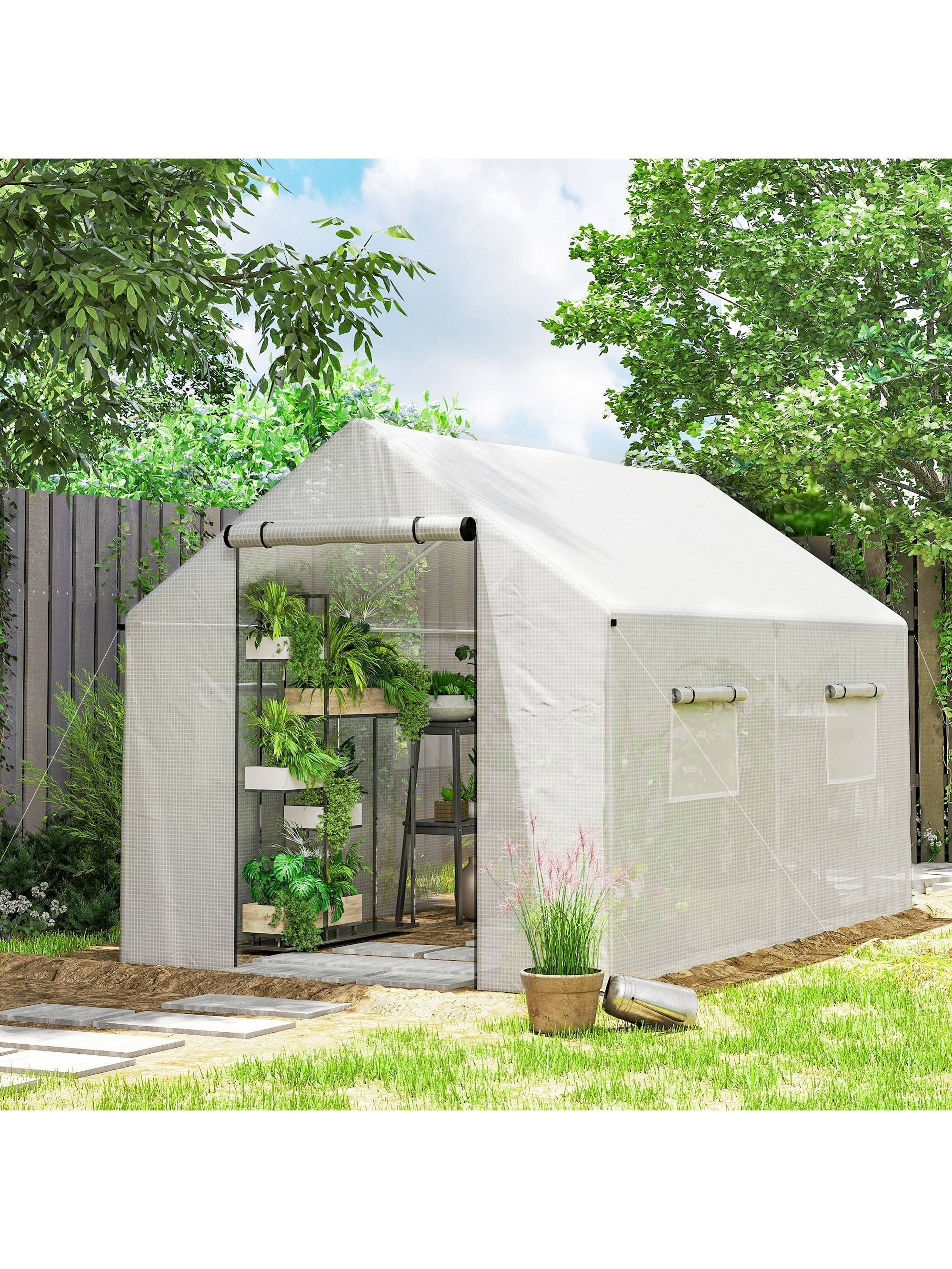 ComfortXL - Serre tunnel acier galvanisé 3 x 2 x 2 m blanche pour jardin avec 4 fenêtres moustiquaires et porte roulante - Image 10