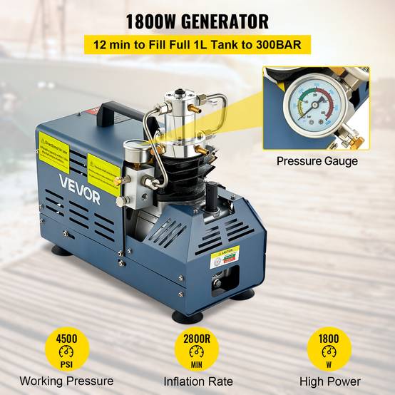 VEVOR Compresseur 30 MPa 1800W 220V arret manuel Pour carabine a air PCP paintball pistolet et bouteille de plongee - Image 2