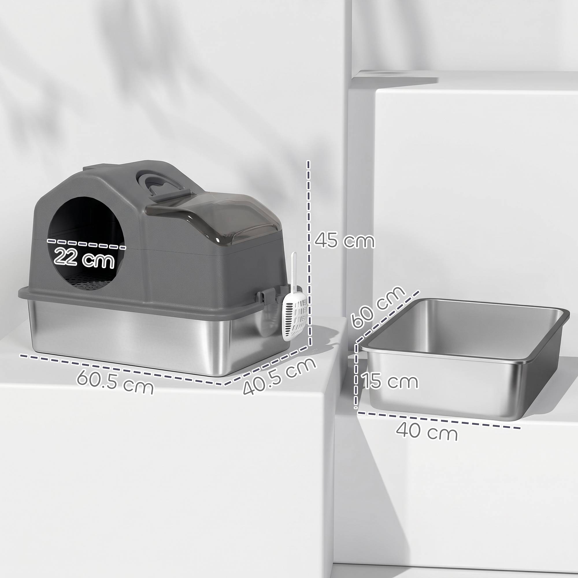 Litière fermée XL acier inox 60,5x40,5x45cm, gris foncé - Image 5