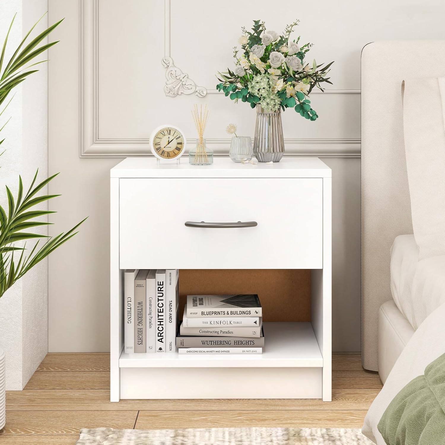 Table de Nuit avec Tiroir, Table de Chevet avec Étagère Ouverte, Chevet de Lit pour Petit Espace, Table d'Appoint Moderne (Blanc,1 tiroir) - Image 4