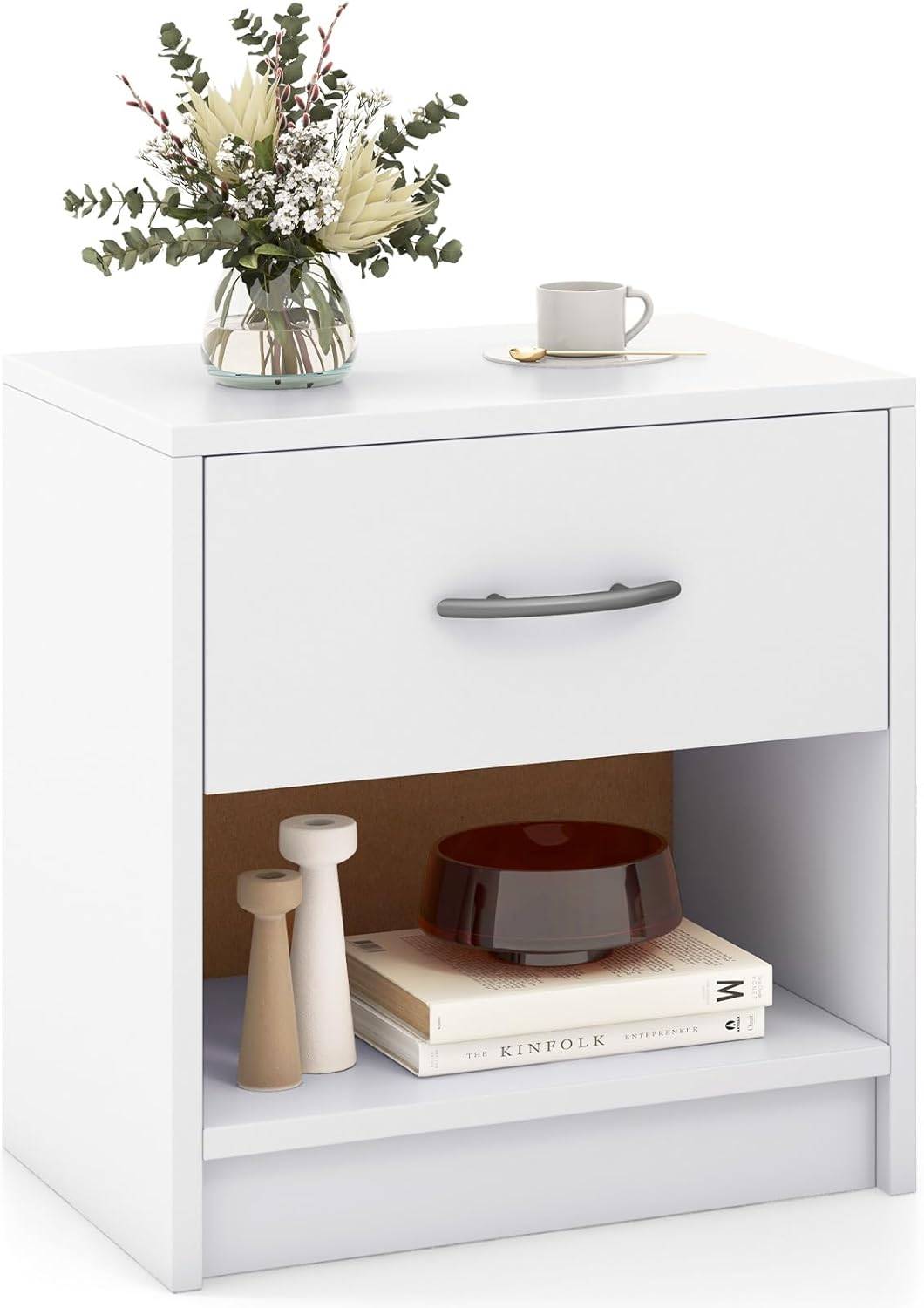 Table de Nuit avec Tiroir, Table de Chevet avec Étagère Ouverte, Chevet de Lit pour Petit Espace, Table d'Appoint Moderne (Blanc,1 tiroir) - Image 1