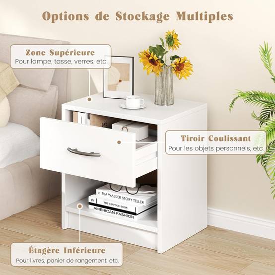Table de Nuit avec Tiroir, Table de Chevet avec Étagère Ouverte, Chevet de Lit pour Petit Espace, Table d'Appoint Moderne (Blanc,1 tiroir) - Image 5