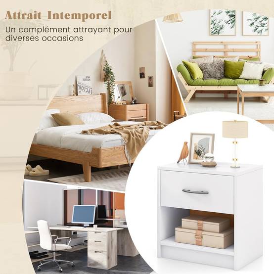 Table de Nuit avec Tiroir, Table de Chevet avec Étagère Ouverte, Chevet de Lit pour Petit Espace, Table d'Appoint Moderne (Blanc,1 tiroir) - Image 7