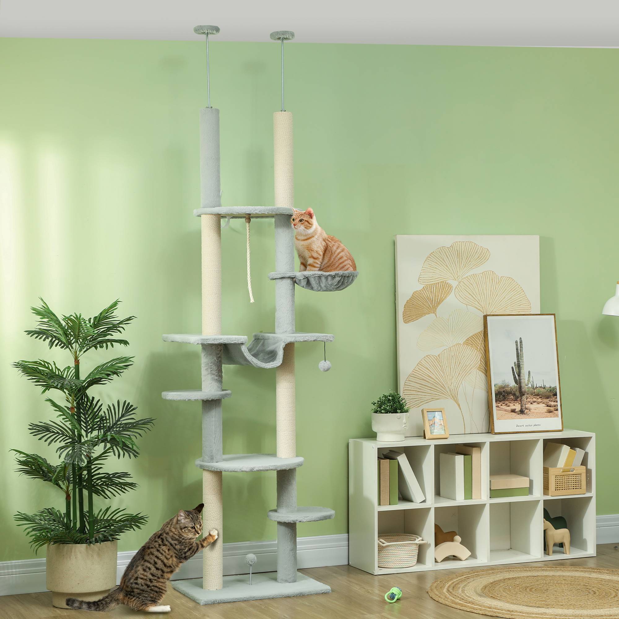 Arbre à chat du sol au plafond (225-255 cm) avec hamacs, plateformes, jouet en corde et balle - Gris - Image 3