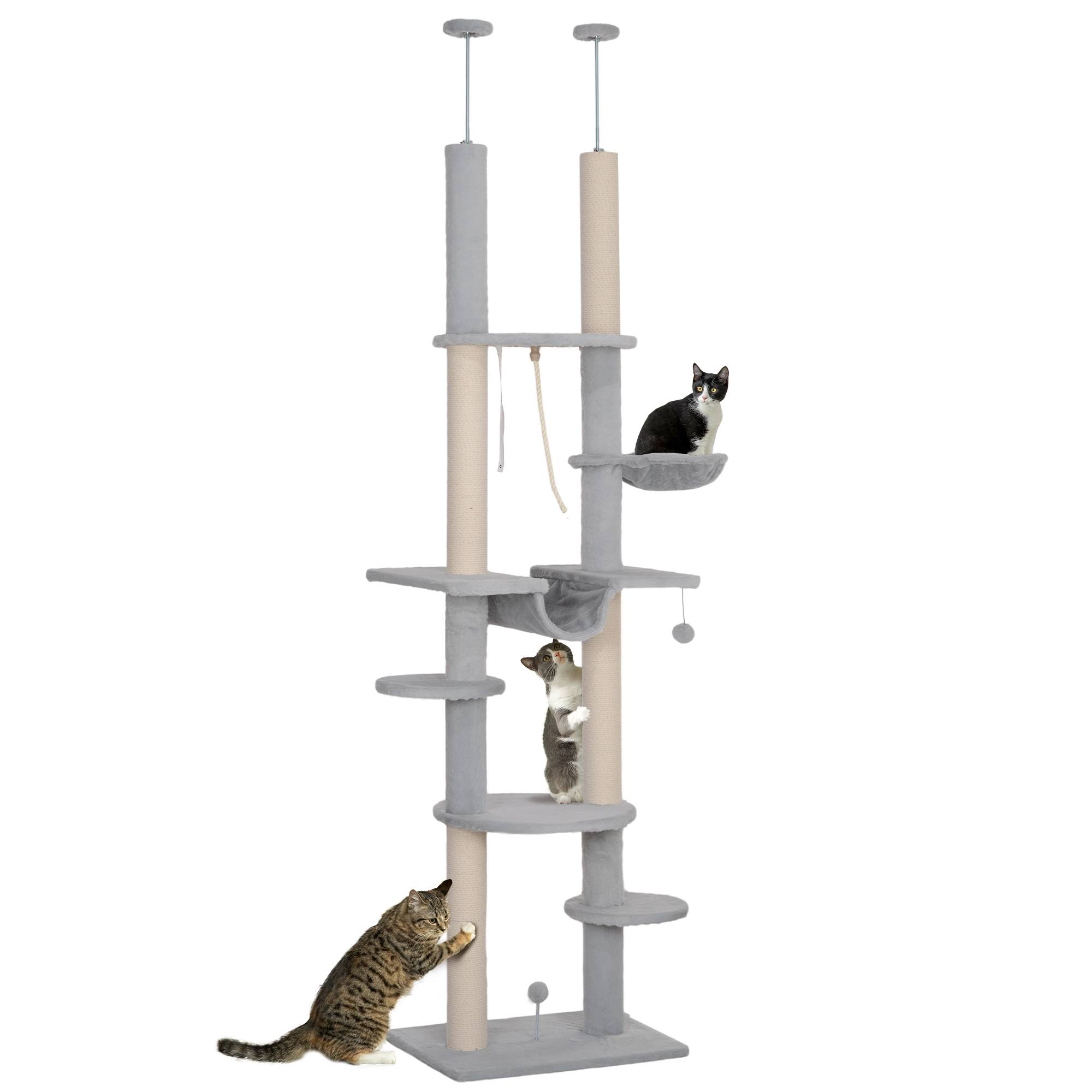 Arbre à chat du sol au plafond (225-255 cm) avec hamacs, plateformes, jouet en corde et balle - Gris - Image 1