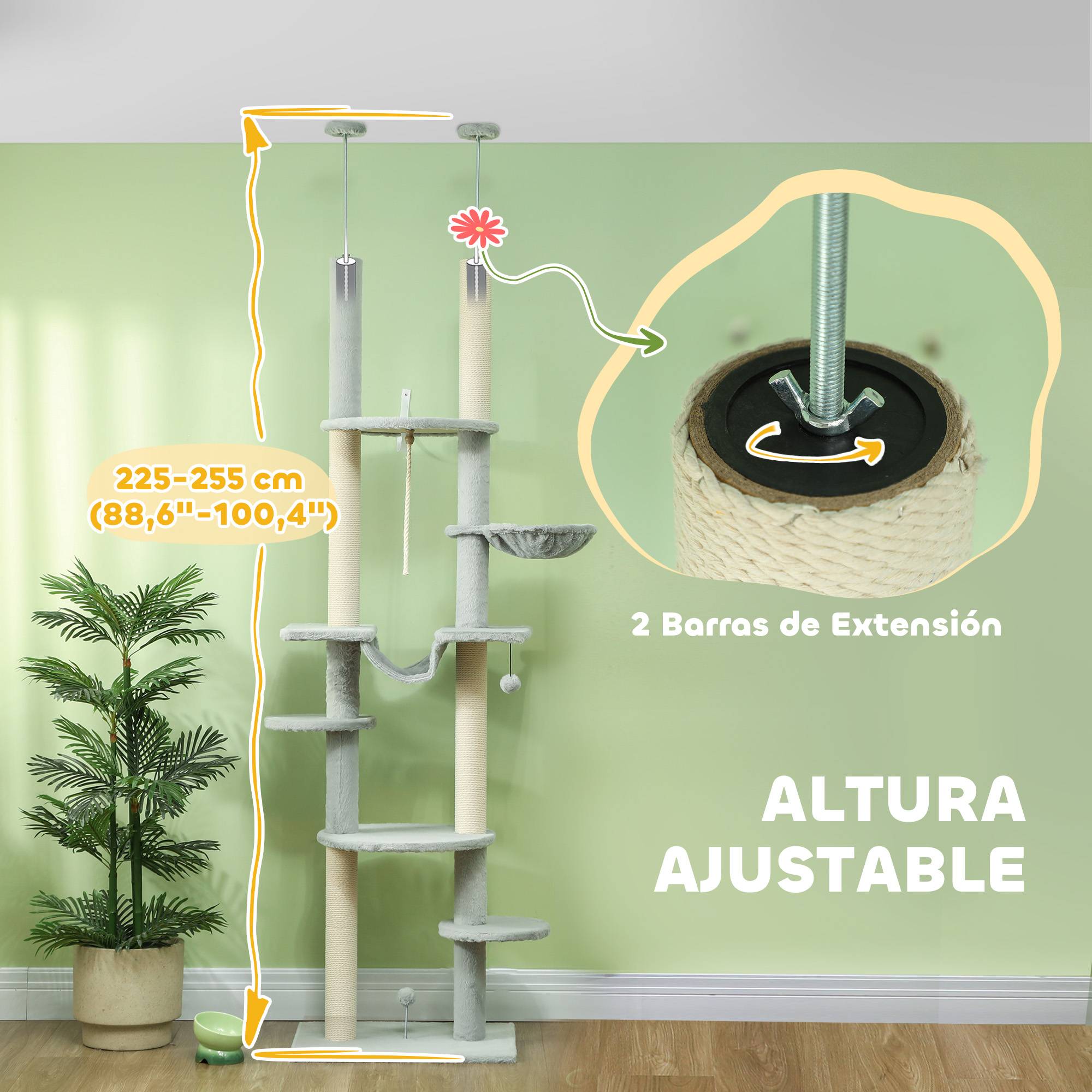 Arbre à chat du sol au plafond (225-255 cm) avec hamacs, plateformes, jouet en corde et balle - Gris - Image 6