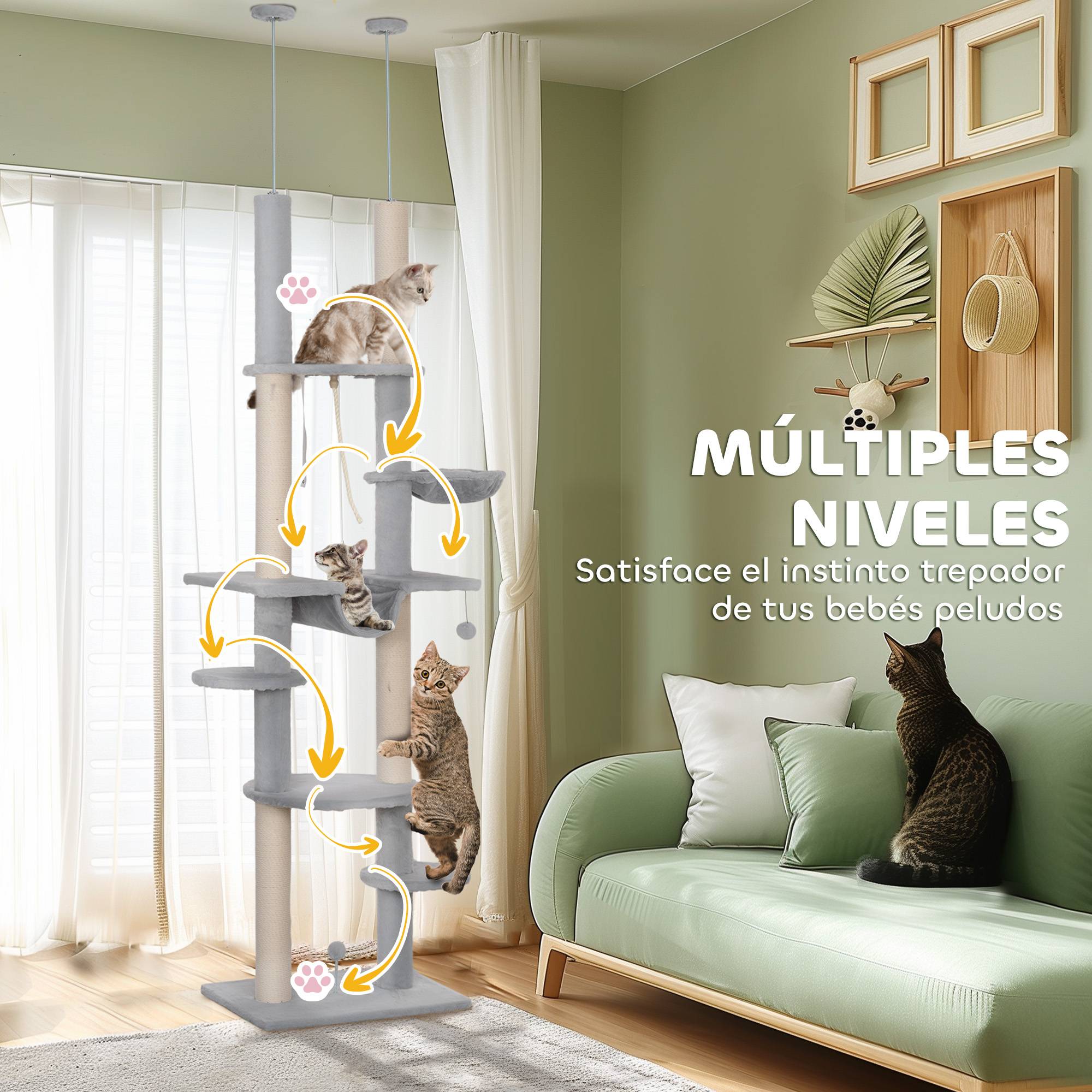 Arbre à chat du sol au plafond (225-255 cm) avec hamacs, plateformes, jouet en corde et balle - Gris - Image 8